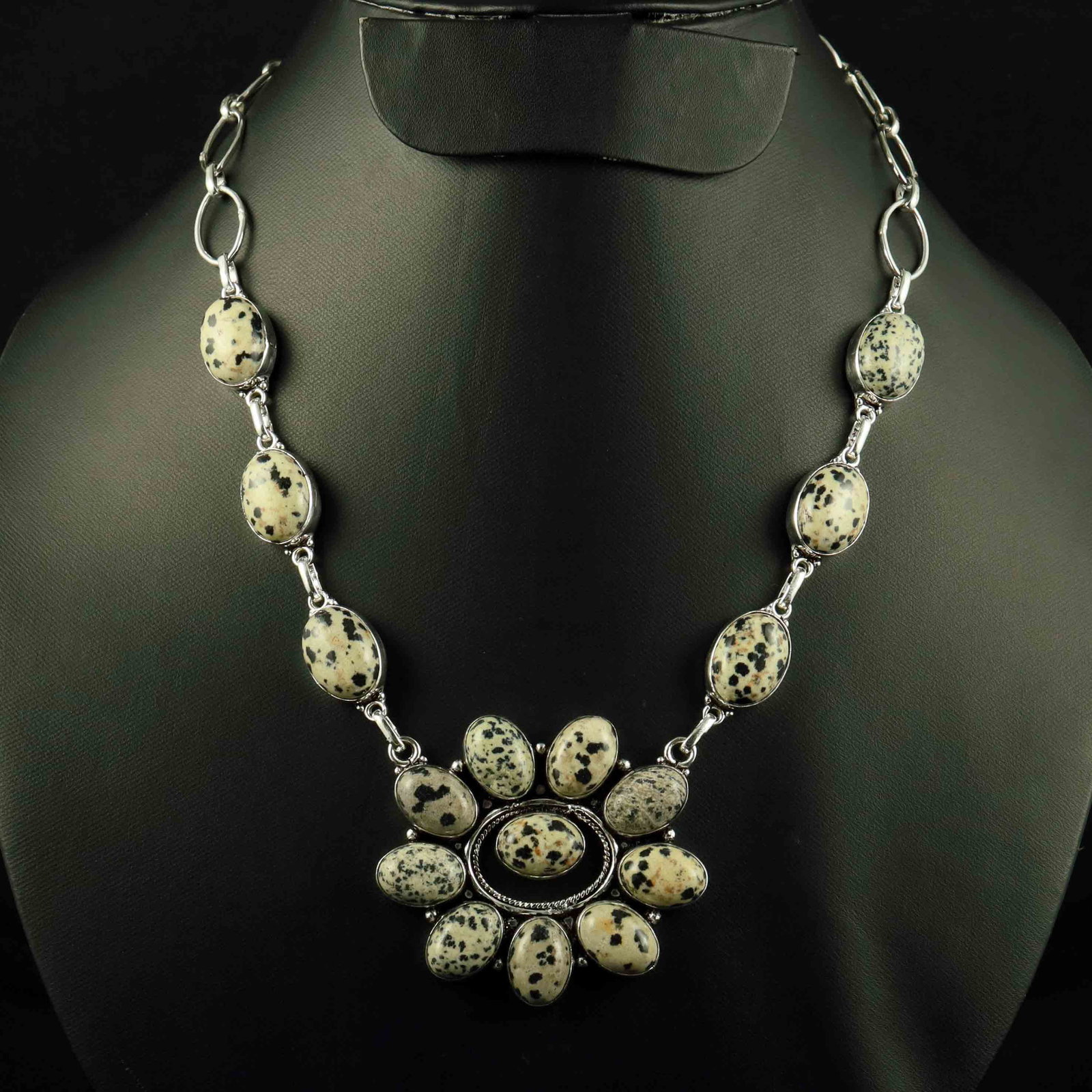 Natural Dalmatian Jasper Sterling Silver Plated Handmade Necklace: Product ID: 260523130245 Product - Handmade Silver Plated Necklace Metal - 92.5 Sterling Silver Plated Necklace Length - 18 Inch Gemstone - Dalmatian Jasper Gemstone Size - 10X14 MM ( 10 Stone ) 12 X1