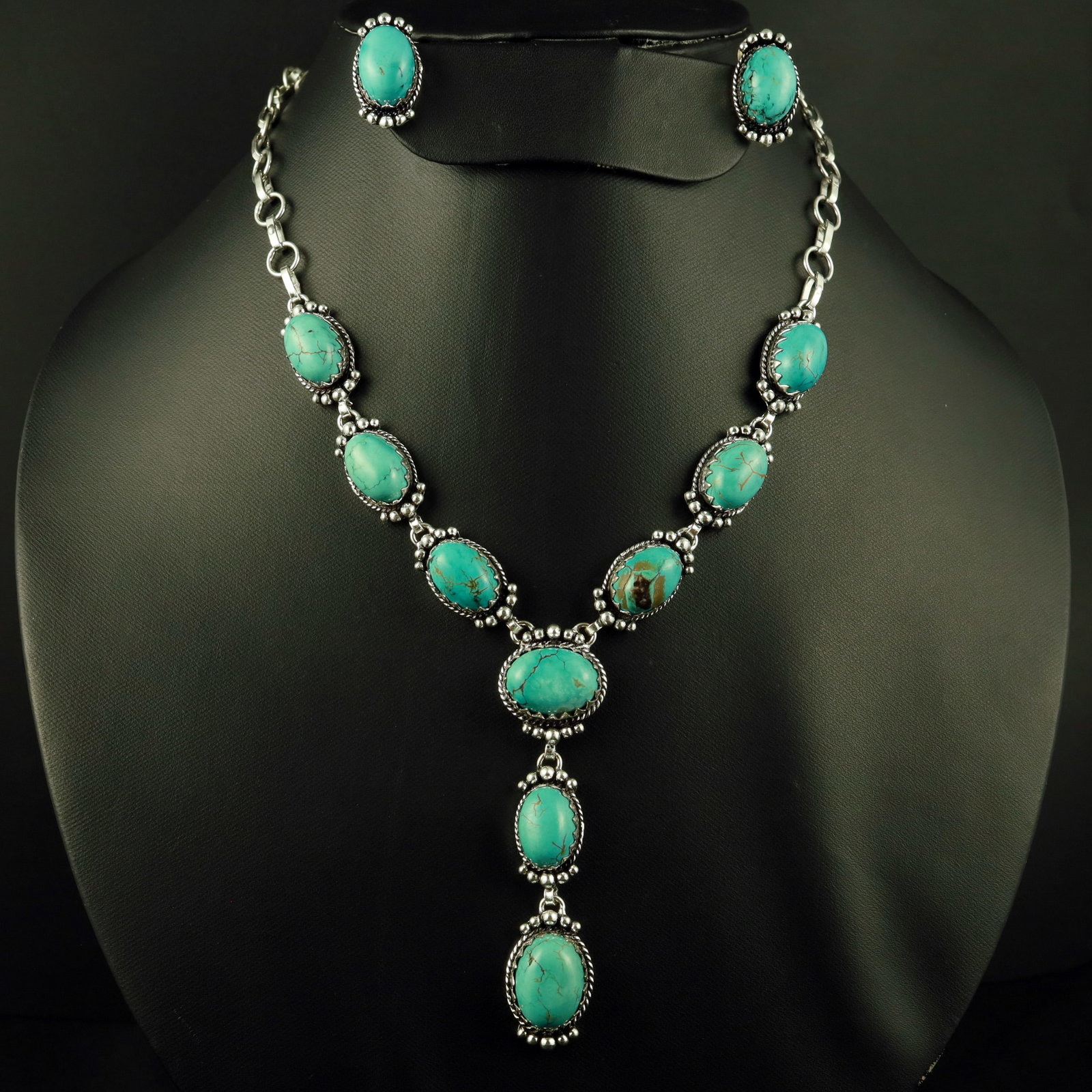 Natural Turquoise Silver Plated Handmade Necklace With Stud Earring: Product ID: 260521164958 Product - Handmade Silver Plated Necklace With Earring Metal - 92.5 Sterling Silver Plated Necklace Length - 18 Inch Gemstone - Turquoise Gemstone Size - 12X16 MM ( 2 Stone), 