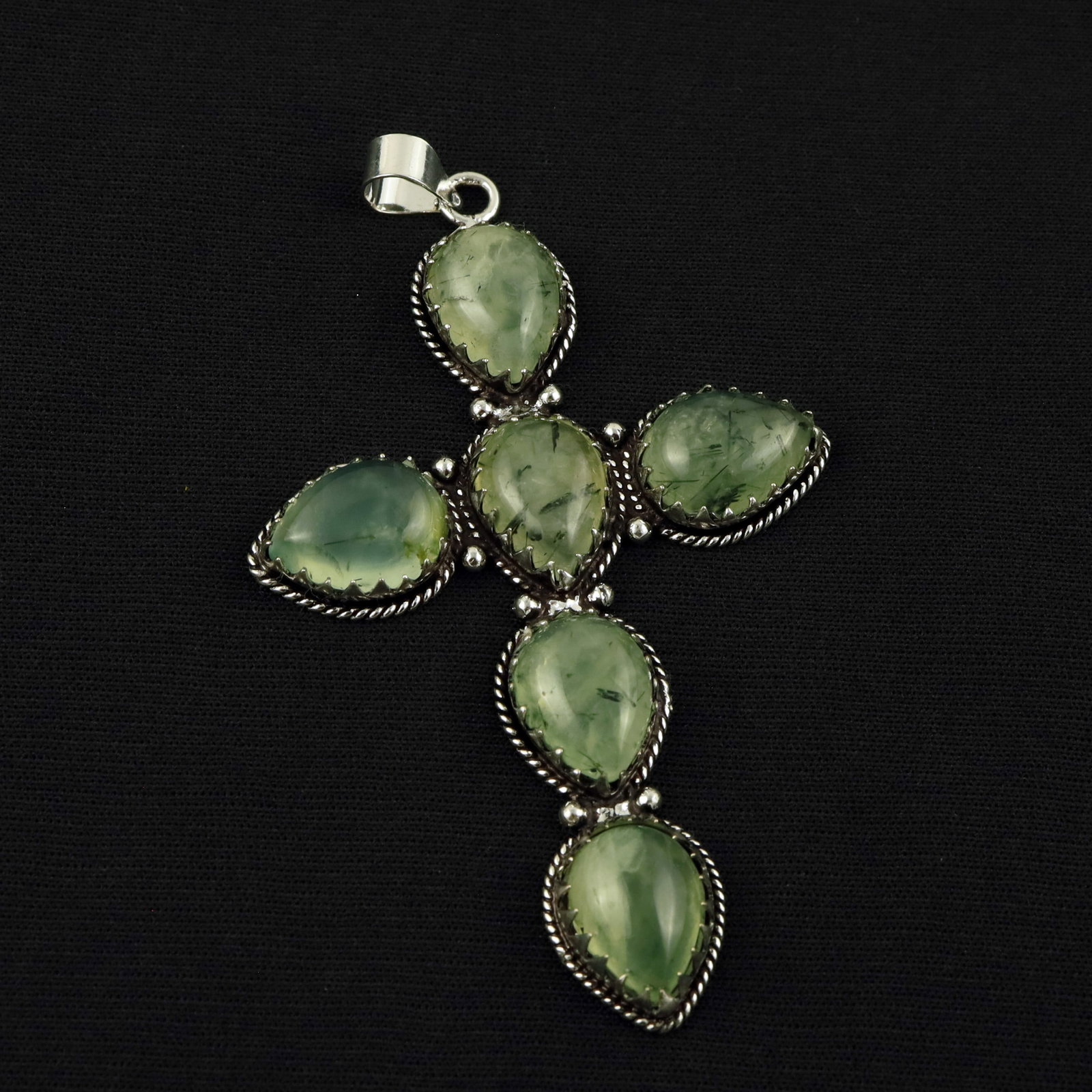 Natural Prehnite Sterling Silver Plated Handmade Cross Pendant: Product ID: 260519131352 Product - Handmade Silver Plated Pendant Metal - 92.5 Sterling Silver Plated Pendant Size - 3.5x2 Inch Gemstone - Prehnite Gemstone Origin - South Africa Gemstone Size - 12x16
