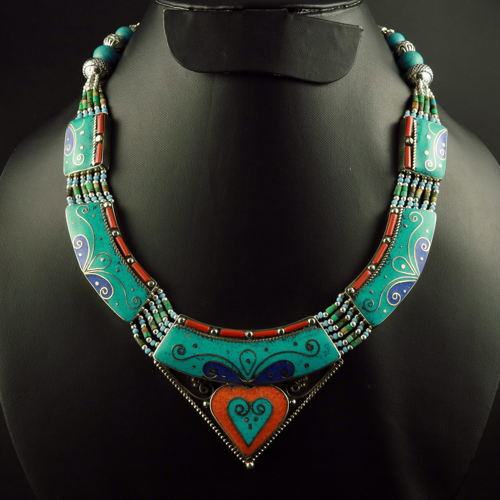 Tibetan Turquoise, Coral & Lapis Lazuli Handmade Necklace: Product ID: 260519121256 Product - Tibetan Handmade Ethnic Necklace Gemstone - Natural Turquoise & Coral Necklace Length - 18 Inch Necklace Weight - 135 Gram Approx Metal - Brass & Copper mix Metal Or