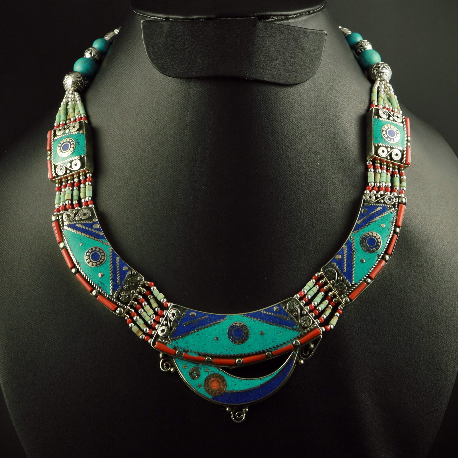 Tibetan Turquoise, Coral & Lapis Lazuli Handmade Boho Necklace: Product ID: 260519121636 Product - Tibetan Handmade Ethnic Necklace Gemstone - Natural Turquoise & Coral & Lapis Lazuli Necklace Length - 18 Inch Necklace Weight - 135 Gram Approx Metal - Brass & Copp