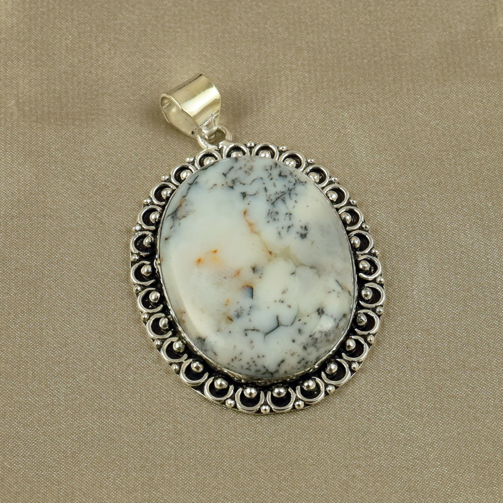 Natural Dendritic Opal Sterling Silver Plated Handmade Pendant: Product ID: 260518135212 Product - Handmade Silver Plated Pendant Metal - 92.5 Sterling Silver Plated Pendant Size - 4.5x3.5CM Gemstone - Dendritic Opal Gemstone Origin - Australia Gemstone Shape - Ov