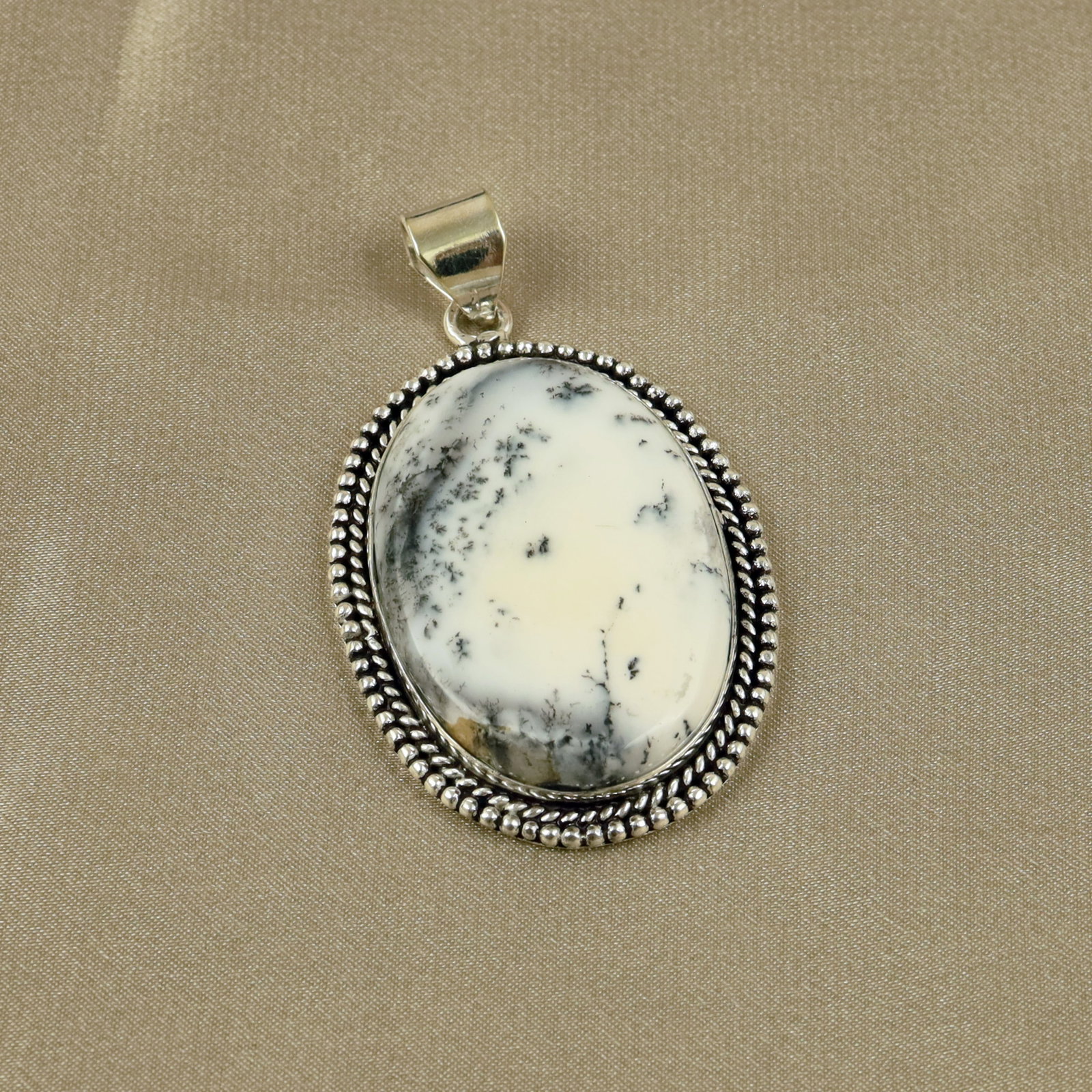 Natural Dendritic Opal Sterling Silver Plated Handmade Pendant: Product ID: 260518134641 Product - Handmade Silver Plated Pendant Metal - 92.5 Sterling Silver Plated Pendant Size - 4.5x3.5CM Gemstone - Dendritic Opal Gemstone Origin - Australia Gemstone Shape - Ov