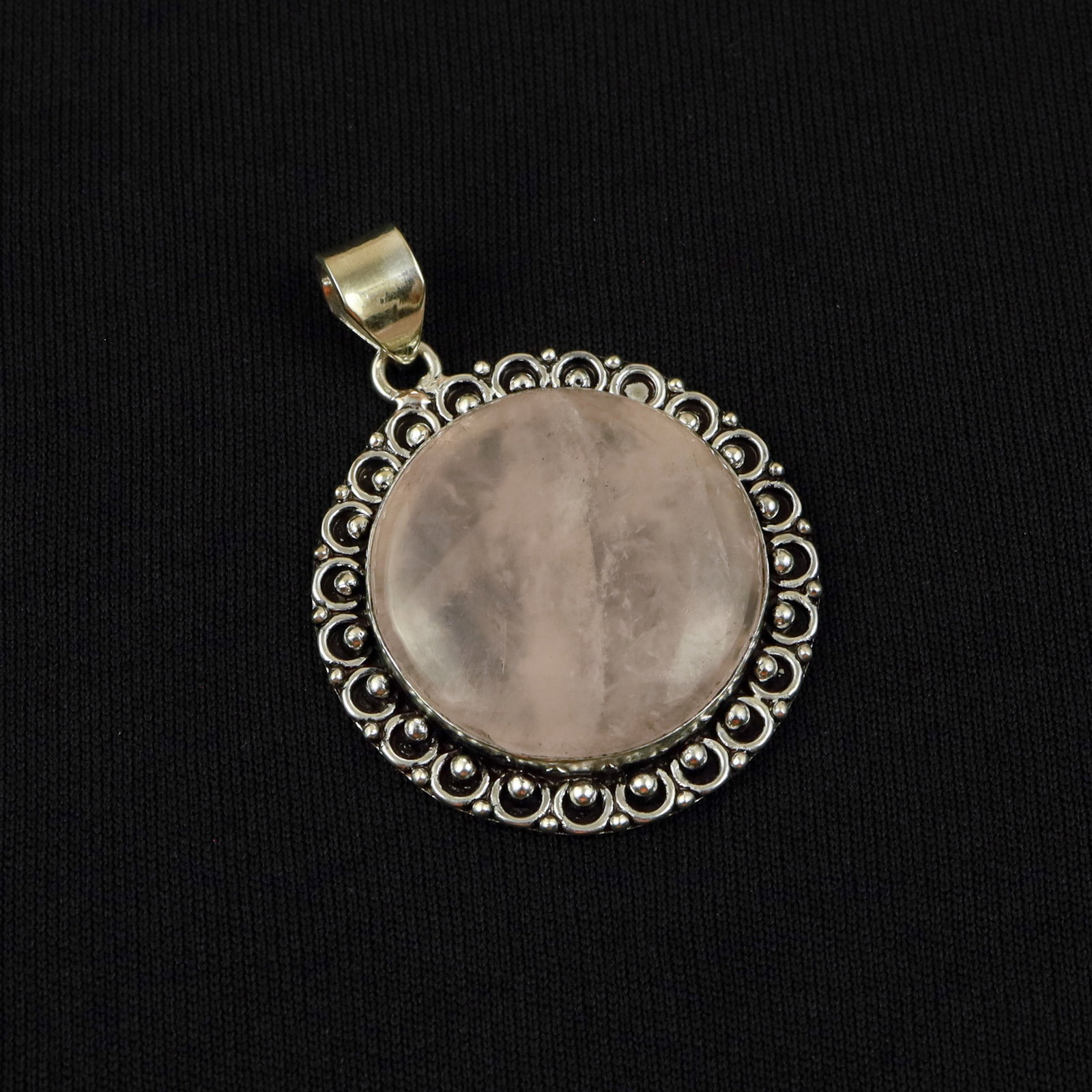 Natural Rose Quartz Sterling Silver Plated Handmade Pendant: Product ID: 260517185504 Product - Handmade Silver Plated Pendant Metal - 92.5 Sterling Silver Plated Pendant Size - 3.5 CM Gemstone - Rose Quartz Gemstone Origin - Brazil Gemstone Shape - Round Penda