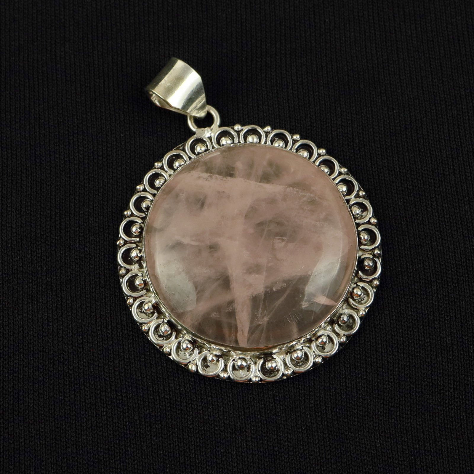 Natural Rose Quartz Sterling Silver Plated Handmade Pendant: Product ID: 260517185412 Product - Handmade Silver Plated Pendant Metal - 92.5 Sterling Silver Plated Pendant Size - 4.5 CM Gemstone - Rose Quartz Gemstone Origin - Brazil Gemstone Shape - Round Penda
