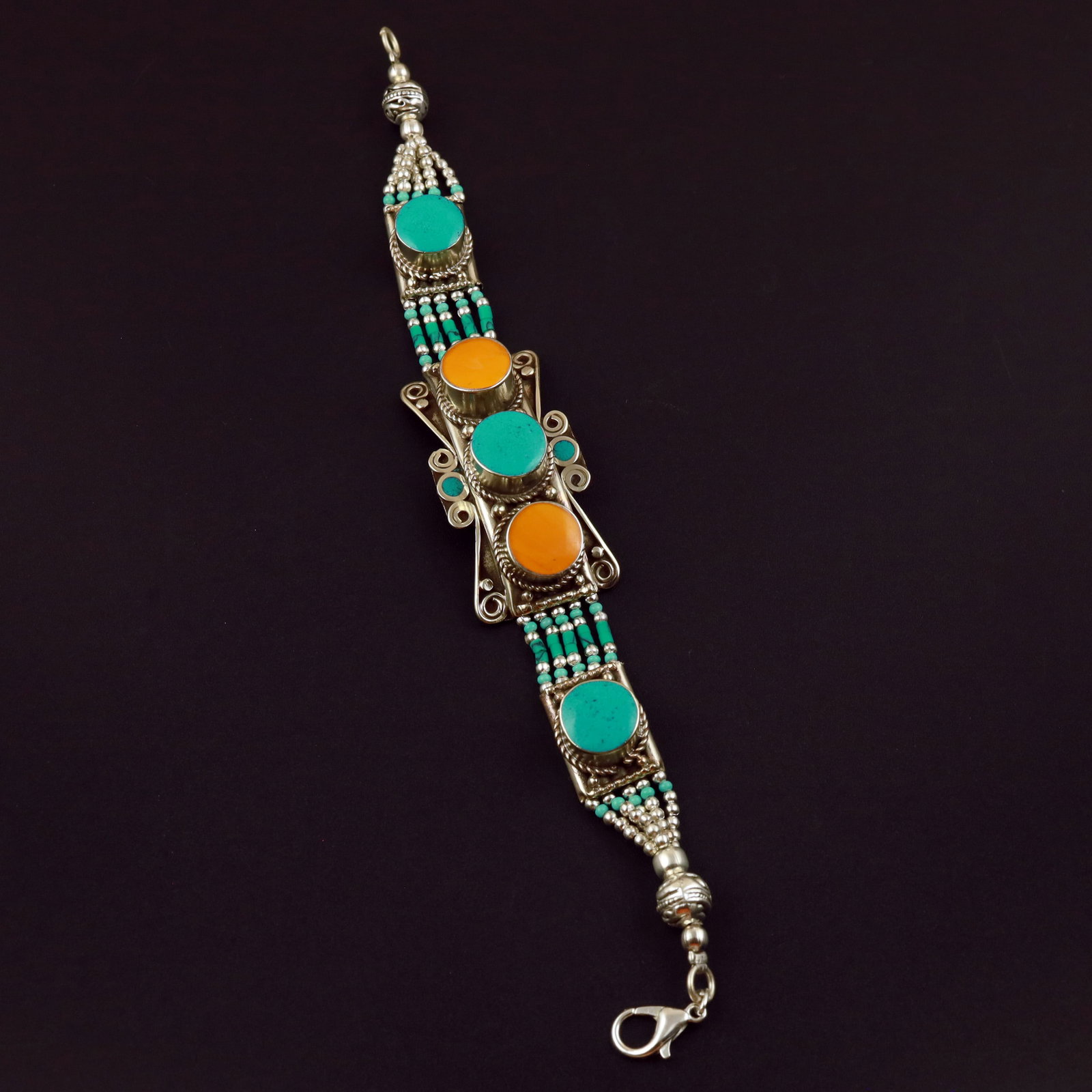 Tibetan Turquoise & Copal Handmade Choker Bracelet: Product ID: 260513132218 Product - Tibetan Handmade Ethnic Bracelet Gemstone - Natural Turquoise & Copal Size - 7 Inch Weight - 50 Gram Approx Metal - Brass & Copper mix Metal Origin - Nepal Country/R