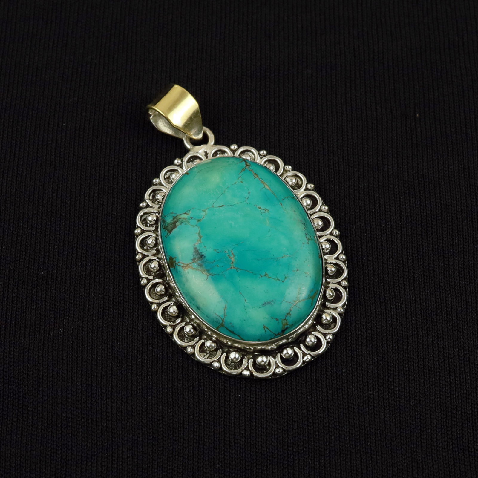 Natural Turquoise Sterling Silver Plated Handmade Pendant: Product ID: 260513103347 Product - Handmade Silver Plated Pendant Metal - 92.5 Sterling Silver Plated Pendant Size - 4.5x3.5 CM Gemstone - Turquoise Gemstone Origin - Tibet Gemstone Shape - Oval Penda