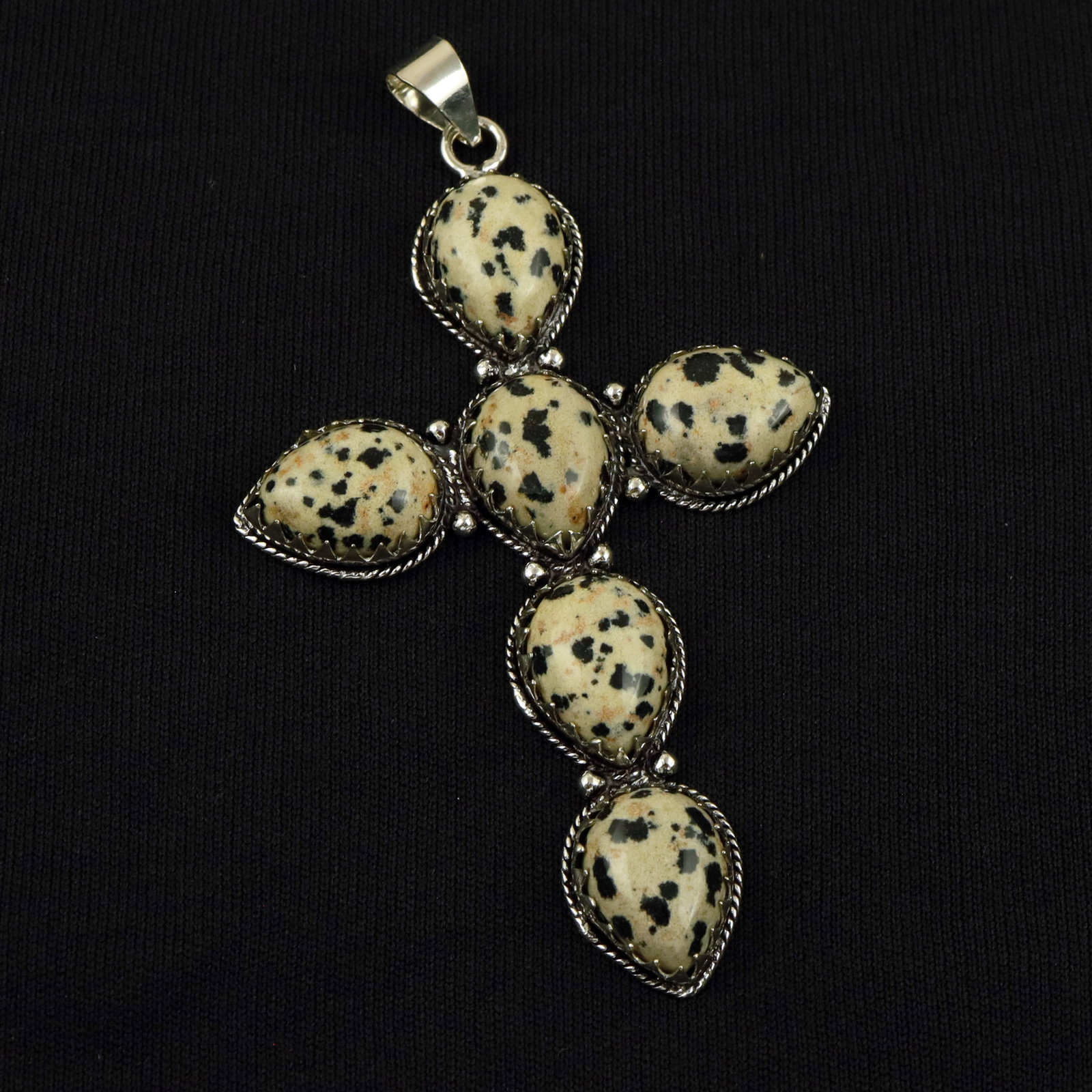 Natural Dalmatian Jasper Sterling Silver Plated Handmade Pendant: Product ID: 260512164002 Product - Handmade Silver Plated Pendant Metal - 92.5 Sterling Silver Plated Pendant Size - 3x2 Inch Gemstone - Dalmatian Jasper Gemstone Origin - Mexico Gemstone Size - 12X16