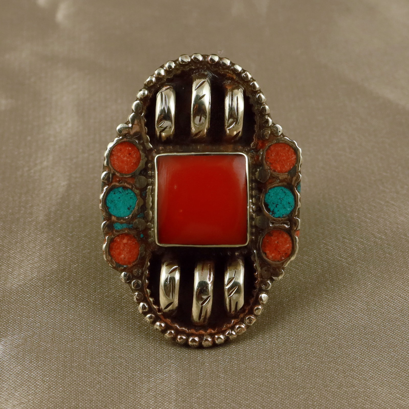 Tibetan Turquoise & Coral Handmade Ring - Free Size: Product ID: 260512154311 Product - Tibetan Handmade Ethnic Ring Ring Size - Free Size Ring Weight - 17 Gram Gemstone - Natural Turquoise & Coral Metal - Brass & Copper mix Metal Origin - Nepal Country