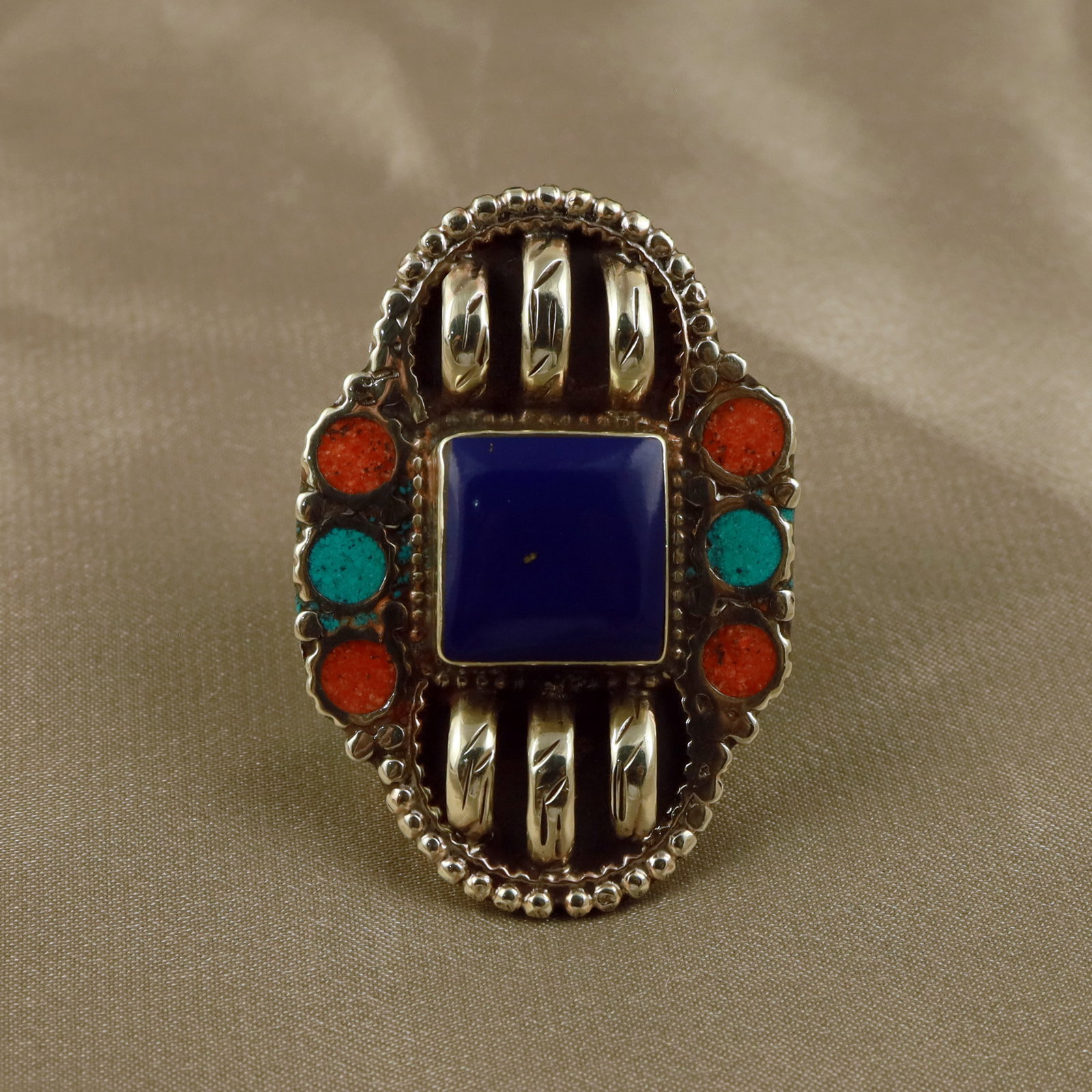Tibetan Turquoise, Coral & Lapis Handmade Ethnic Ring - Free Size: Product ID: 260512154807 Product - Tibetan Handmade Ethnic Ring Ring Size - Free Size Ring Weight - 17 Gram Gemstone - Natural Turquoise & Coral & Lapis Metal - Brass & Copper mix Metal Origin - Nepal