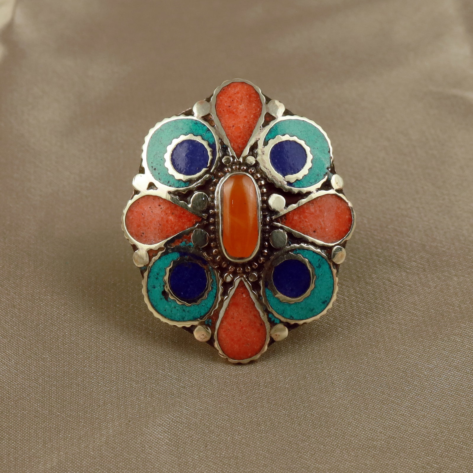 Tibetan Turquoise & Coral Handmade Ethnic Ring - Free Size: Product ID: 260512152430 Product - Tibetan Handmade Ethnic Ring Ring Size - Free Size Ring Weight - 17 Gram Gemstone - Natural Turquoise & Coral & Copal & Lapis Metal - Brass & Copper mix Metal Origin
