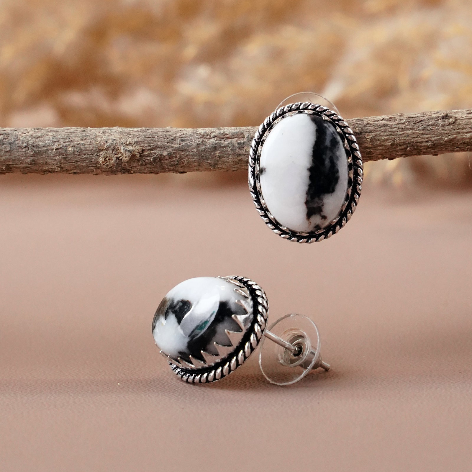 Natural Zebra Jasper Sterling Silver Plated Handmade Stud Earring: Product ID: 260512145103 Product - Handmade Silver Plated Stud Earring Metal - 92.5 Sterling Silver Plated Earring Type - Stud Gemstone - Zebra Jasper Gemstone Origin - Africa Gemstone Size - 12X16 MM