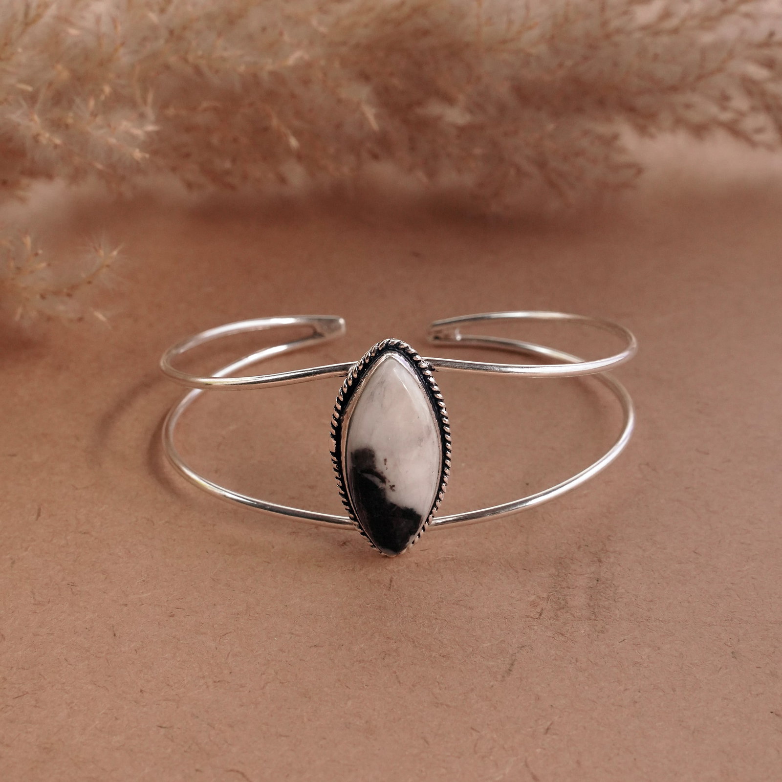 Natural Zebra Jasper Sterling Silver Plated Handmade Cuff Bangle: Product ID: 260510135519 Product - Handmade Silver Plated Cuff Bangle Metal - 92.5 Sterling Silver Plated Bangle Size - 7x5.5 CM (Adjustable) Gemstone - Zebra Jasper Gemstone Origin - Africa Gemstone 