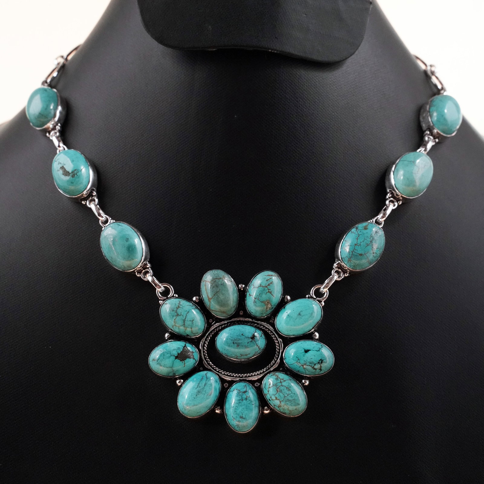 Natural Turquoise Sterling Silver Plated Handmade Choker Necklace: Product ID: 260503130130 Product - Handmade Silver Plated Necklace Metal - 92.5 Sterling Silver Plated Necklace Length - 18 Inch Gemstone - Turquoise Gemstone Size - 10X14 MM ( 10 Stone ), 12X16 MM ( 