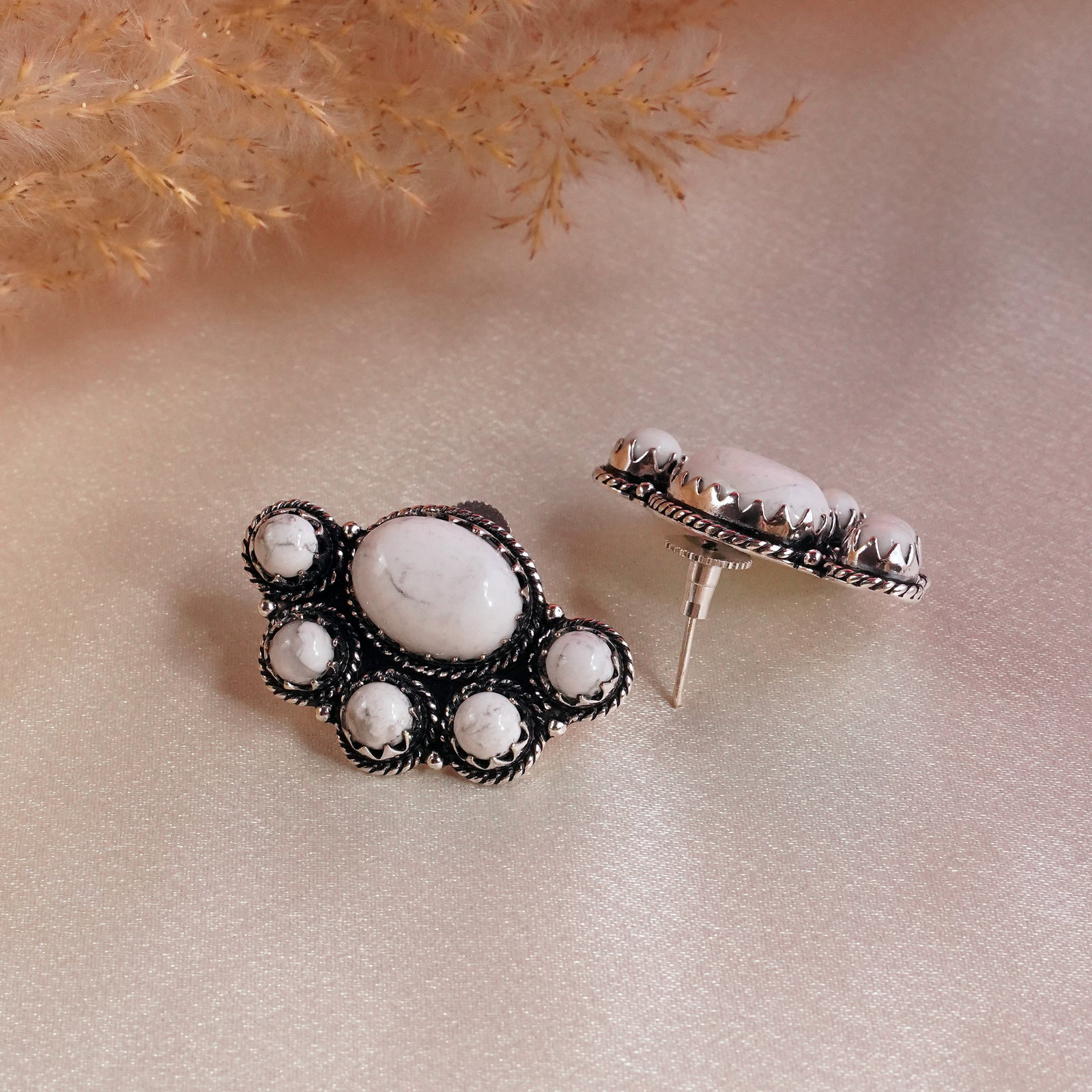 Natural Howlite Sterling Silver Plated Handmade Stud Earring: Product ID: 260502135113 Product - Handmade Silver Plated Stud Earring Metal - 92.5 Sterling Silver Plated Earring Type - Stud Gemstone - Howlite Gemstone Origin - Canada Gemstone Size - 12X16 MM ( 2 