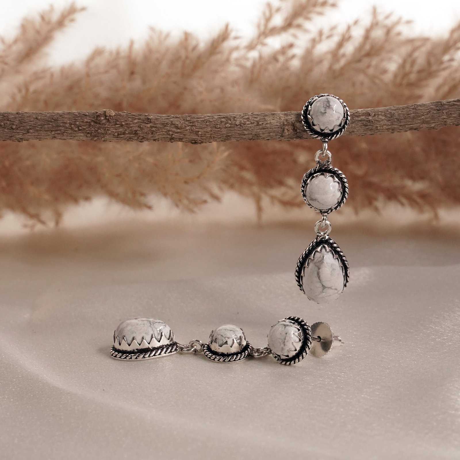 Natural Howlite Sterling Silver Plated Handmade Stud Earring: Product ID: 260502125835 Product - Handmade Silver Plated Stud Earring Metal - 92.5 Sterling Silver Plated Earring Type - Stud Gemstone - Howlite Gemstone Origin - Canada Gemstone Size - 10X14 MM ( 2 