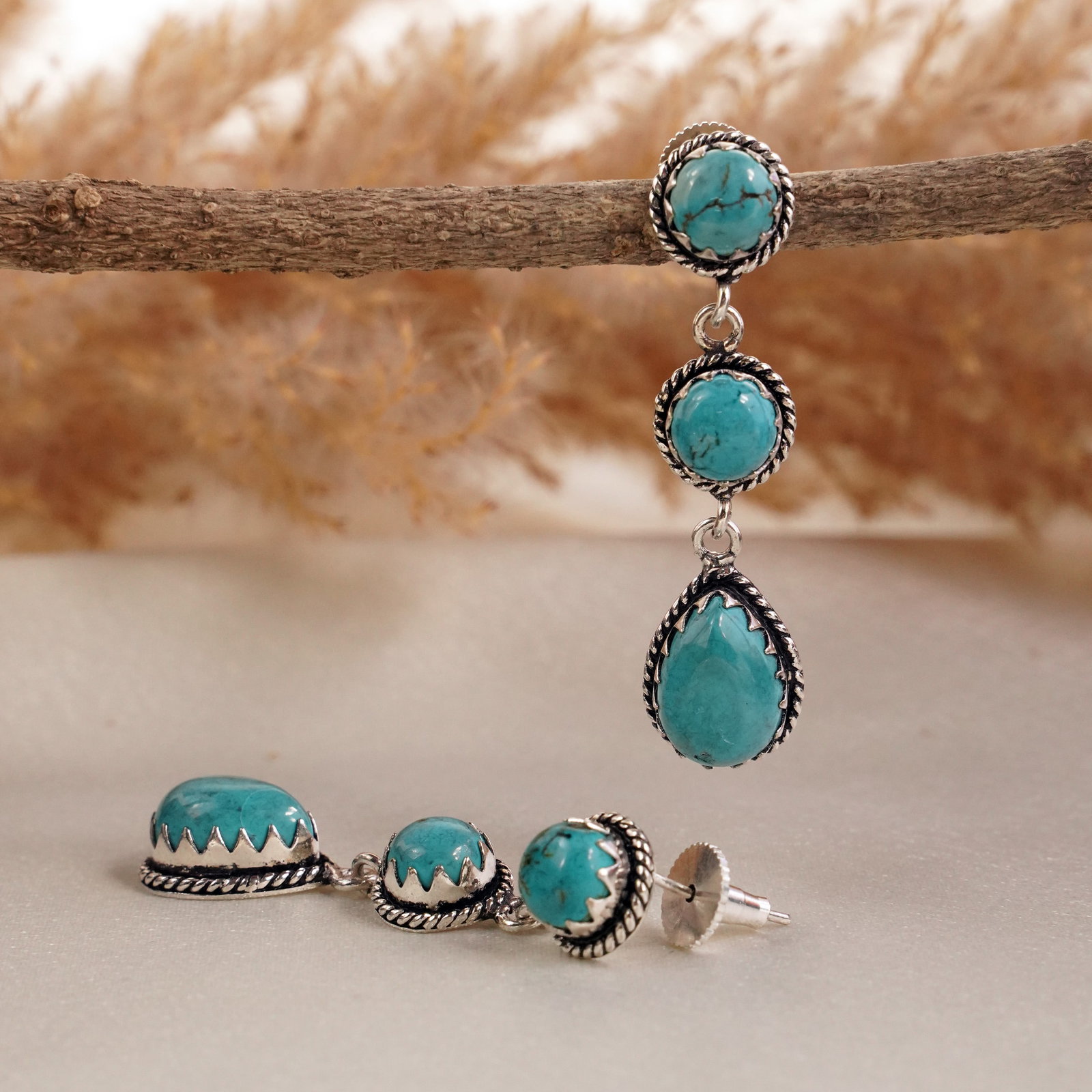 Natural Turquoise Sterling Silver Plated Handmade Stud Earring: Product ID: 260502130415 Product - Handmade Silver Plated Stud Earring Metal - 92.5 Sterling Silver Plated Earring Type - Stud Gemstone - Turquoise Gemstone Origin - Tibet Gemstone Size - 10X14 MM ( 2