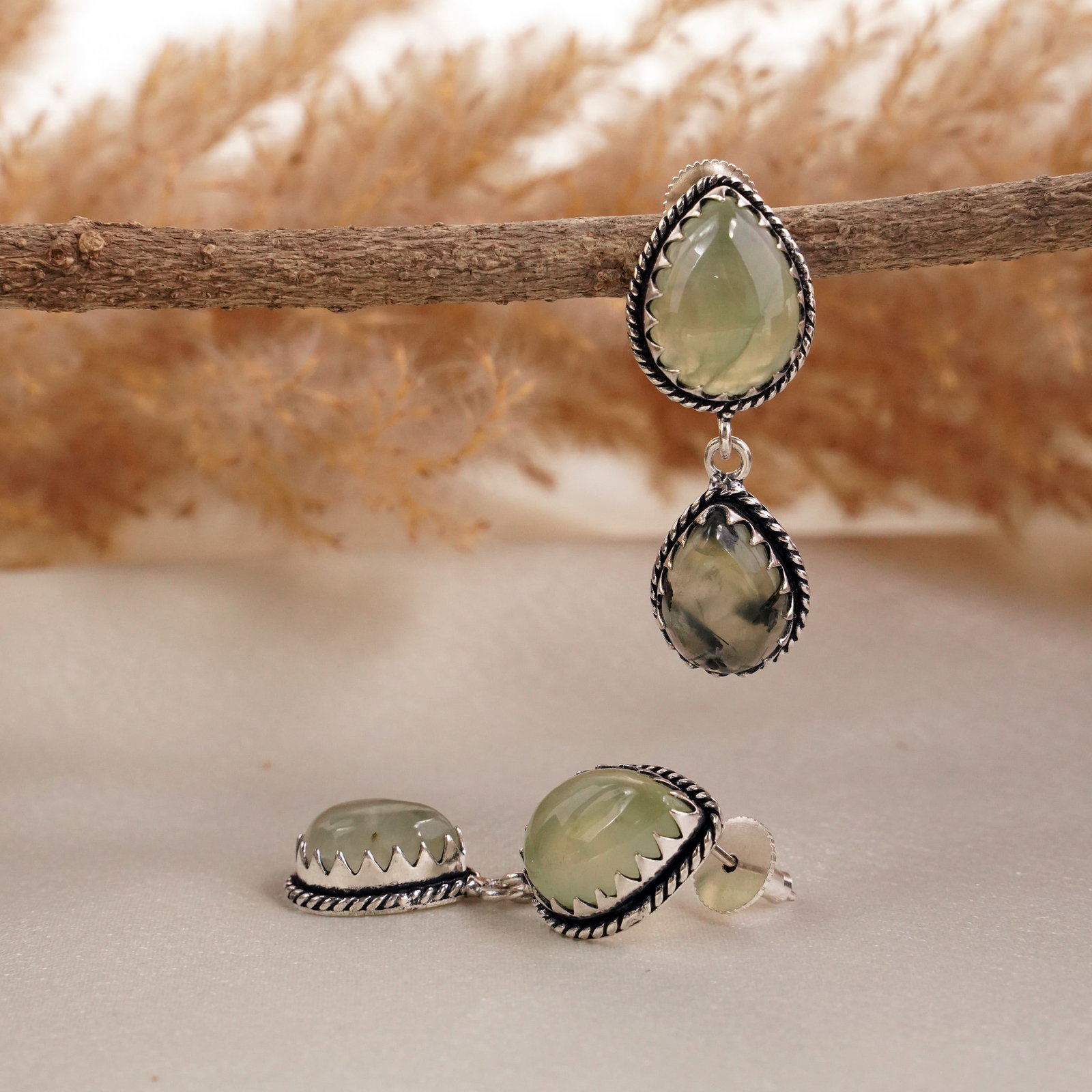 Natural Prehnite Sterling Silver Plated Handmade Stud Earring: Product ID: 260502131306 Product - Handmade Silver Plated Stud Earring Metal - 92.5 Sterling Silver Plated Earring Type - Stud Gemstone - Prehnite Gemstone Origin - South Africa Gemstone Size - 12X16 