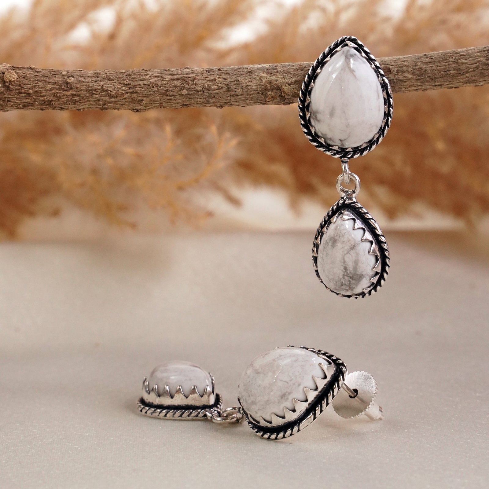 Natural Howlite Sterling Silver Plated Handmade Stud Earring: Product ID: 260502131501 Product - Handmade Silver Plated Stud Earring Metal - 92.5 Sterling Silver Plated Earring Type - Stud Gemstone - Howlite Gemstone Origin - Canada Gemstone Size - 12X16 MM ( 2 