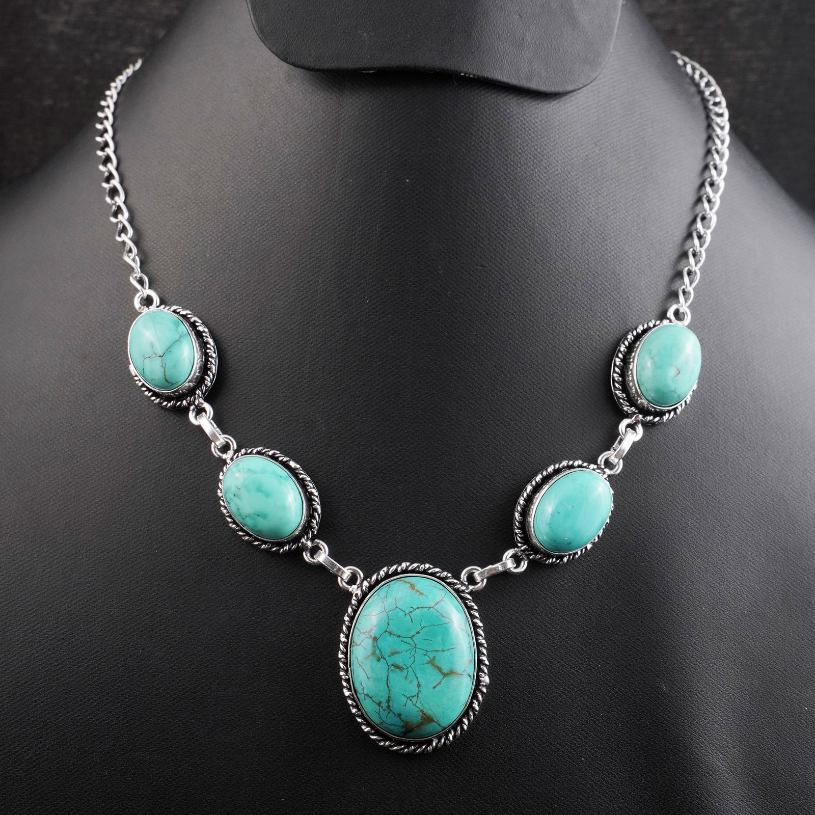 Natural Turquoise Sterling Silver Plated Handmade Choker Necklace: Product ID: 260430174257 Product - Handmade Silver Plated Necklace Metal - 92.5 Sterling Silver Plated Necklace Length - 18 Inch Gemstone - Turquoise Gemstone Size - 12X16 MM (4 Stone), 3X2 CM (1 Ston