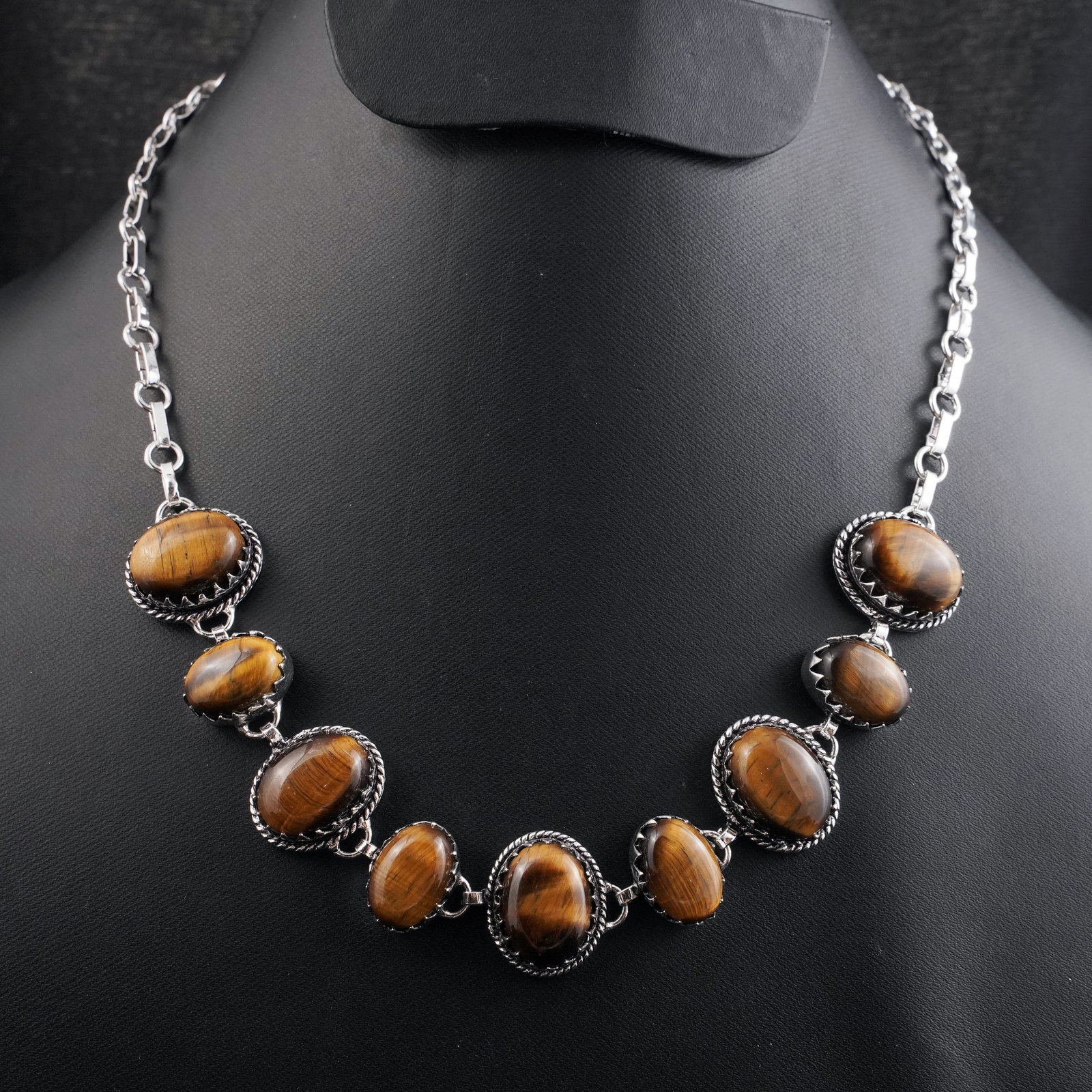 Natural Tiger Eye Sterling Silver Plated Handmade Choker Necklace: Product ID: 260430160624 Product - Handmade Silver Plated Necklace Metal - 92.5 Sterling Silver Plated Necklace Length - 18 Inch Gemstone - Tiger Eye Gemstone Size - 12X16 MM (5 Stone), 10X14 MM (4 St