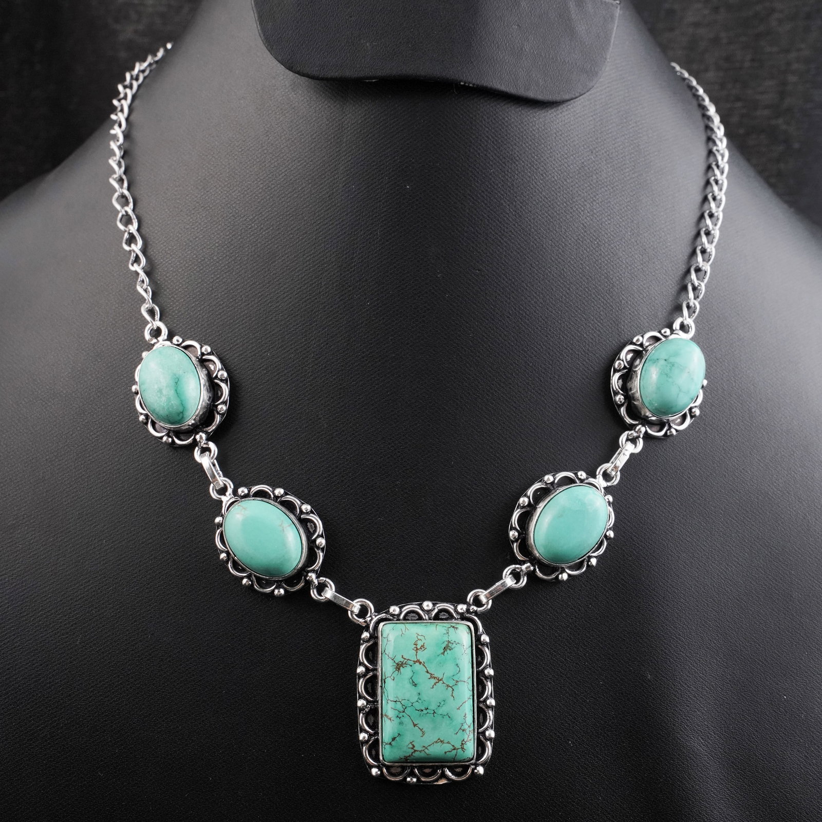Natural Turquoise Sterling Silver Plated Handmade Choker Necklace: Product ID: 260430172026 Product - Handmade Silver Plated Necklace Metal - 92.5 Sterling Silver Plated Necklace Length - 18 Inch Gemstone - Turquoise Gemstone Size - 12X16 MM (4 Stone), 2.5X1.5 CM (1 