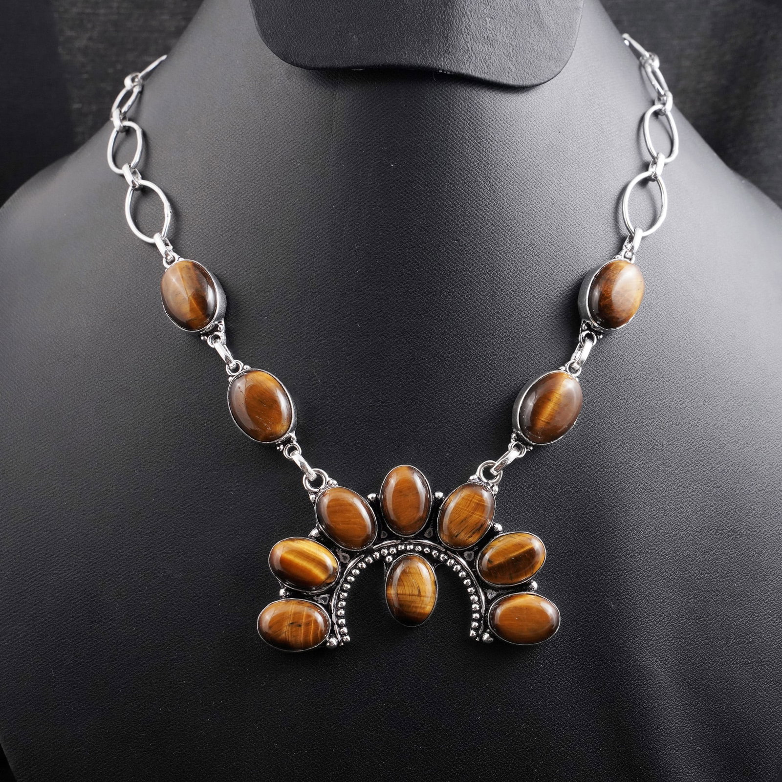 Natural Tiger Eye Sterling Silver Plated Handmade Choker Necklace: Product ID: 260430143847 Product - Handmade Silver Plated Necklace Metal - 92.5 Sterling Silver Plated Necklace Length - 18 Inch Gemstone - Tiger Eye Gemstone Size - 10X14 MM ( 8 Stone ), 12X16 MM ( 4