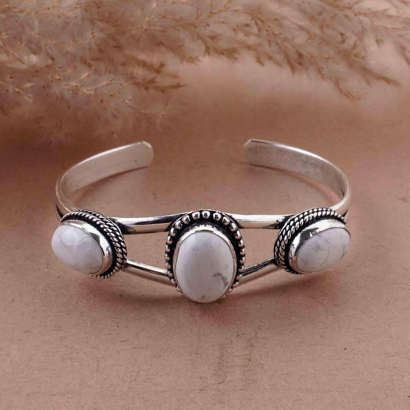 Natural Howlite Sterling Silver Plated Handmade Cuff Bangle: Product ID: 260429154414 Product - Handmade Silver Plated Cuff Bangle Metal - 92.5 Sterling Silver Plated Bangle Size - 6.5x4.5 CM (Adjustable) Gemstone - Howlite Gemstone Origin - Canada Gemstone Siz