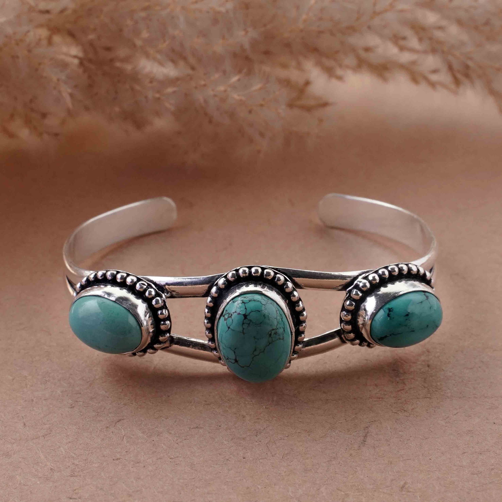 Natural Turquoise Sterling Silver Plated Handmade Cuff Bangle: Product ID: 260429143450 Product - Handmade Silver Plated Cuff Bangle Metal - 92.5 Sterling Silver Plated Bangle Size - 6.5x4.5 CM (Adjustable) Gemstone - Turquoise Gemstone Origin - Tibet Gemstone Si