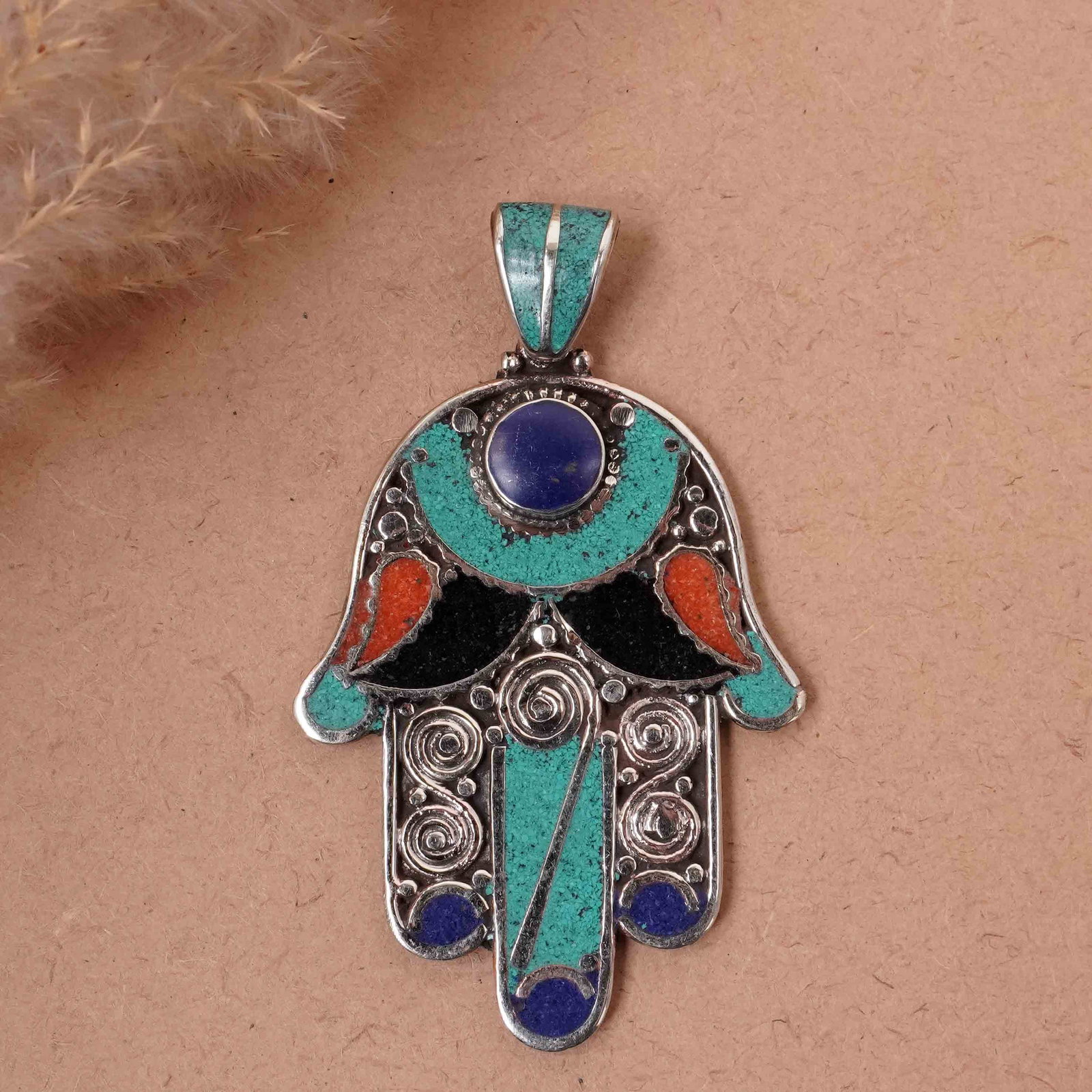 Tibetan Turquoise & Black Onyx Handmade Fatima Hand Pendant: Product ID: 260417145558 Product - Tibetan Handmade Pendant Gemstone - Natural Turquoise & Coral & Black Onyx & Lapis Pendant Size - 6.5X4.5 CM Pendant Weight - 24 Gram Metal - Brass & Copper mix Meta