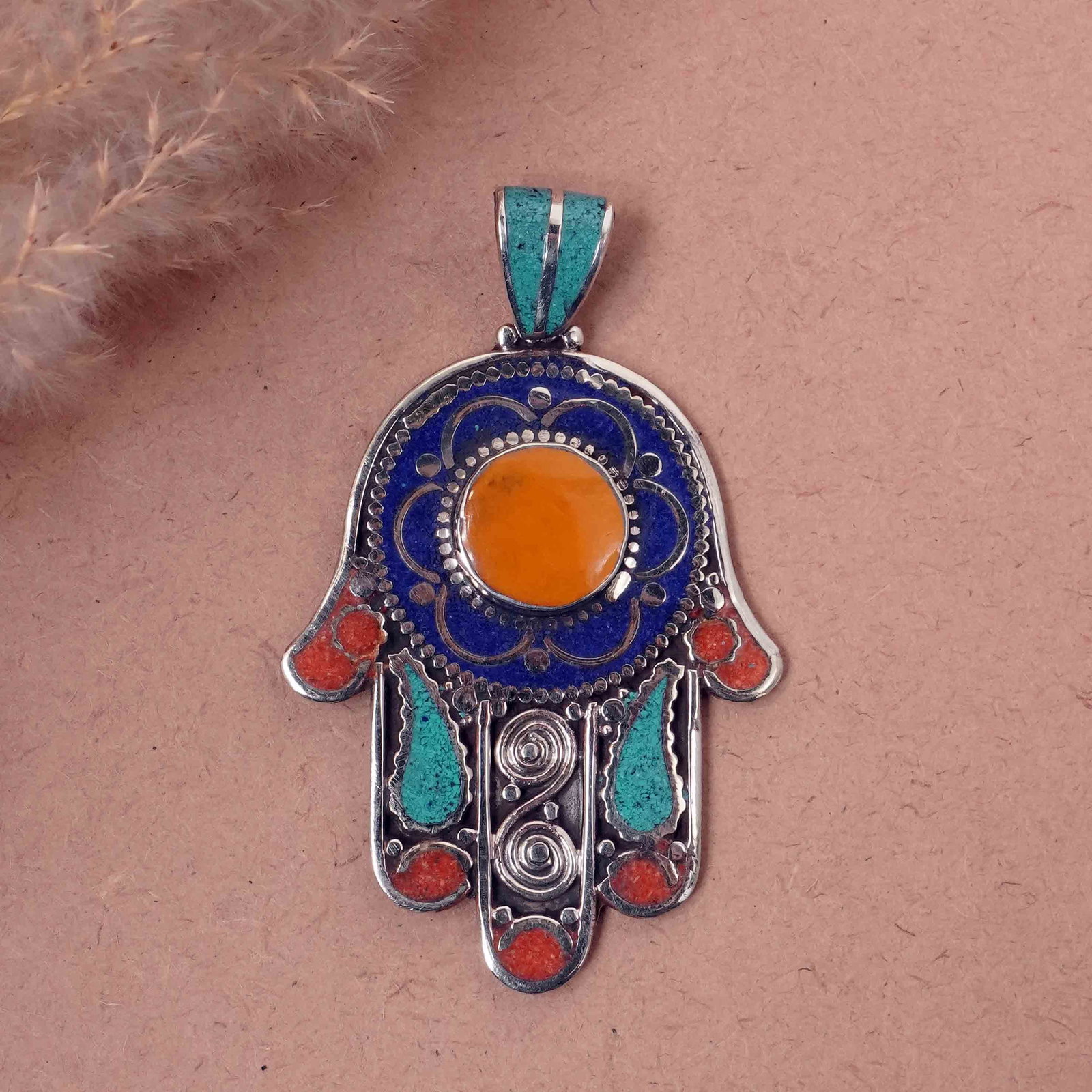Tibetan Turquoise & Coral Handmade Fatima Hand Pendant: Product ID: 260417145040 Product - Tibetan Handmade Ethnic Pendant Gemstone - Natural Turquoise & Coral & Copal & Lapis Pendant Size - 6.5X5 CM Pendant Weight - 24 Gram Metal - Brass & Copper mix Meta