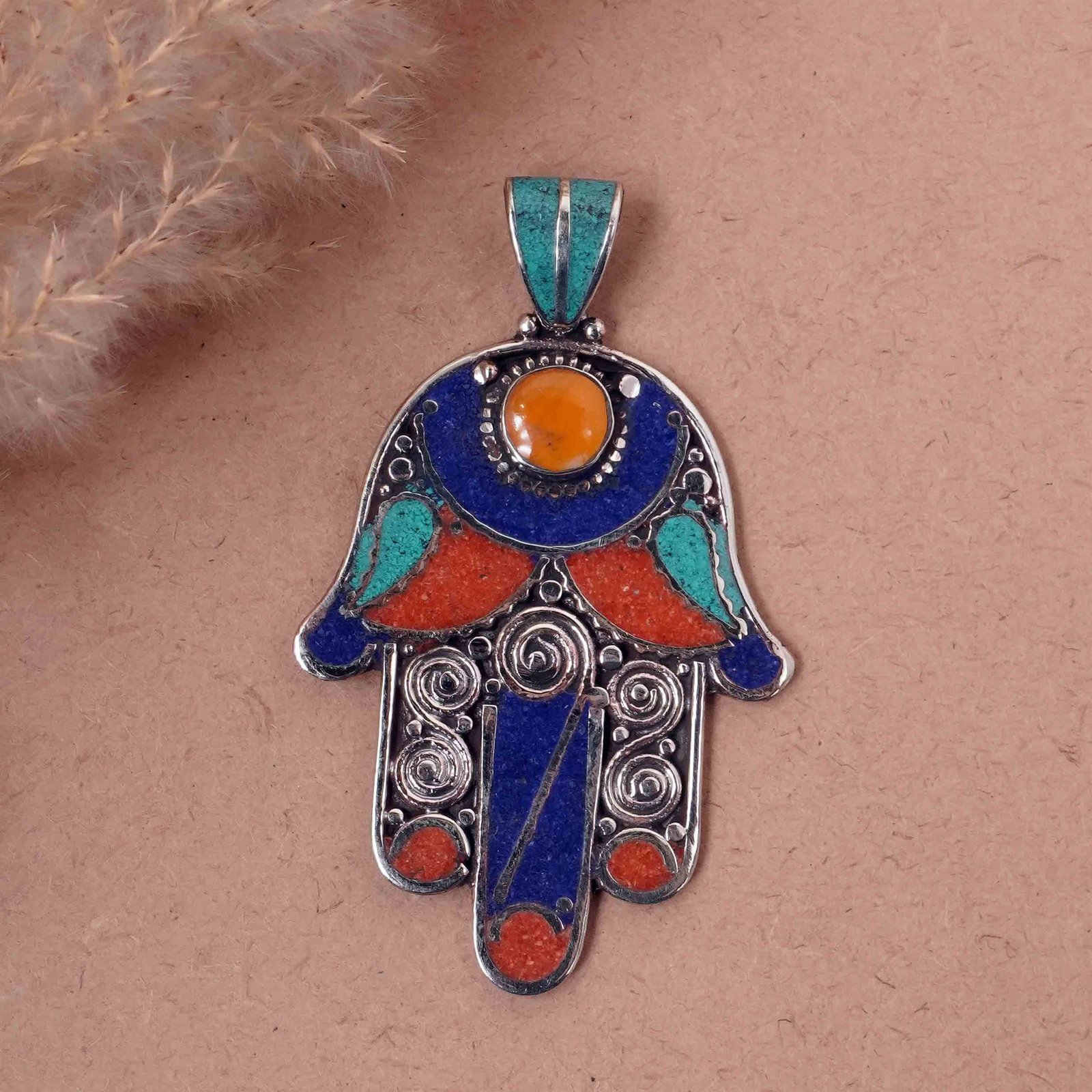 Tibetan Turquoise & Coral Handmade Fatima Hand Pendant: Product ID: 260417143025 Product - Tibetan Handmade Ethnic Pendant Gemstone - Natural Turquoise & Coral & Copal & Lapis Pendant Size - 6.5X4.5 CM Pendant Weight - 24 Gram Metal - Brass & Copper mix Me