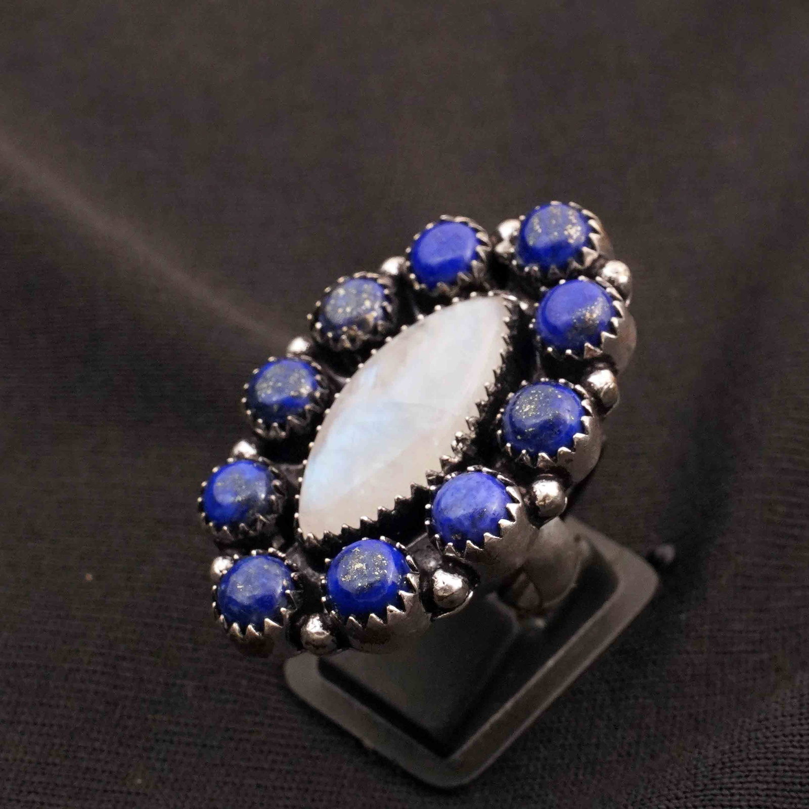 Natural Rainbow Moonstone & Lapis Sterling Silver Plated Handmade Ring - 7.5MM: Product ID: 260413125844 Product - Handmade Silver Plated Ring Metal - 92.5 Sterling Silver Plated Ring Size - 7.5MM Gemstone - Rainbow Moonstone / Lapis Gemstone Origin - India Gemstone Size - 2.5X1 