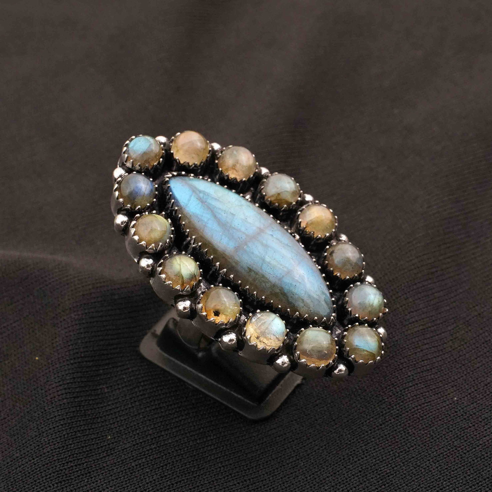 Natural Labradorite Sterling Silver Plated Handmade Ring - 9MM: Product ID: 260413125623 Product - Handmade Silver Plated Ring Metal - 92.5 Sterling Silver Plated Ring Size - 9MM Gemstone - Labradorite Gemstone Origin - Canada Gemstone Size - 3X1.5 CM / 6MM ( 14 S