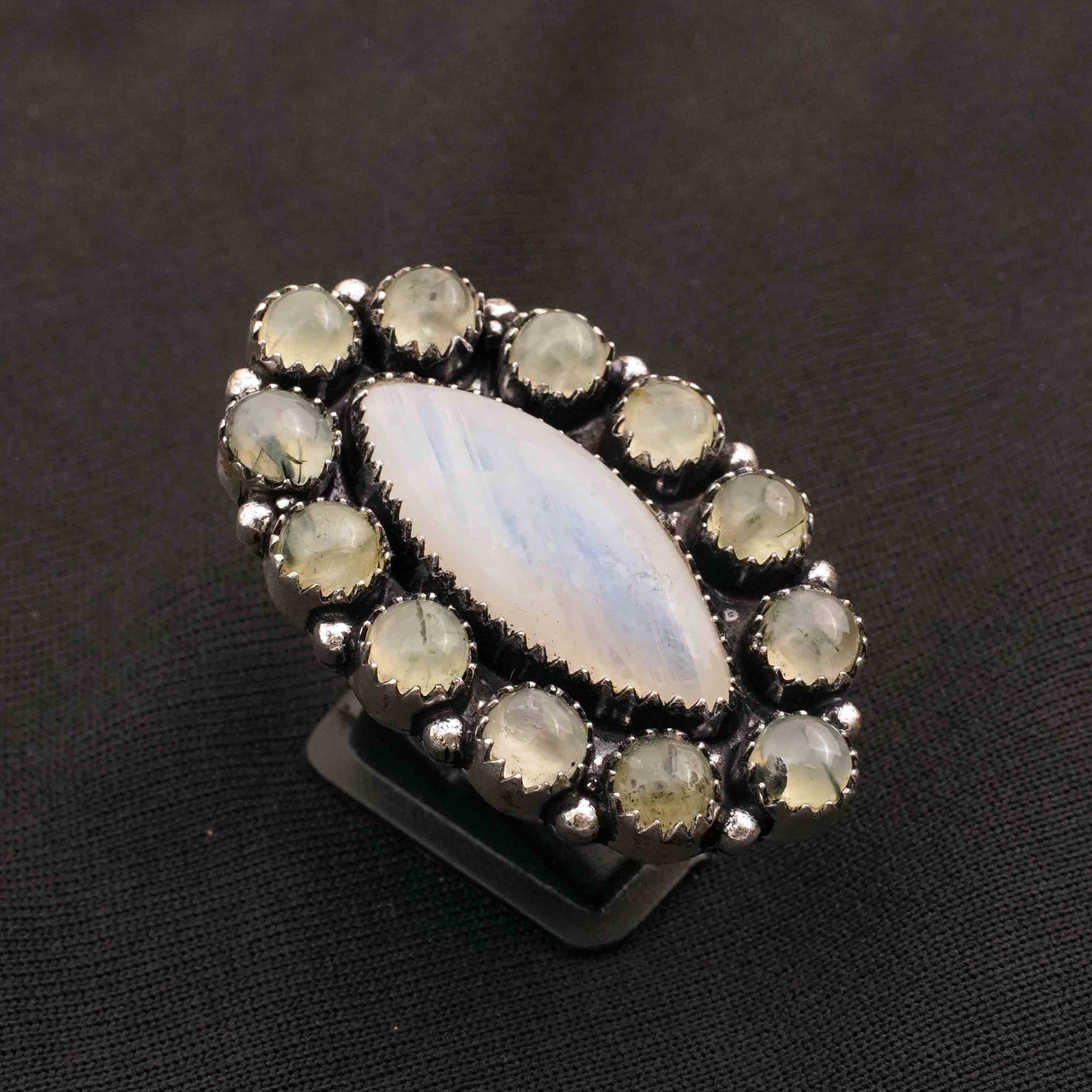Natural Rainbow Moonstone & Prehnite Silver Plated Handmade Ring - 6.5MM: Product ID: 260413124815 Product - Handmade Silver Plated Ring Metal - 92.5 Sterling Silver Plated Ring Size - 6.5MM Gemstone - Rainbow Moonstone / Prehnite Gemstone Origin - India / South Africa Gems