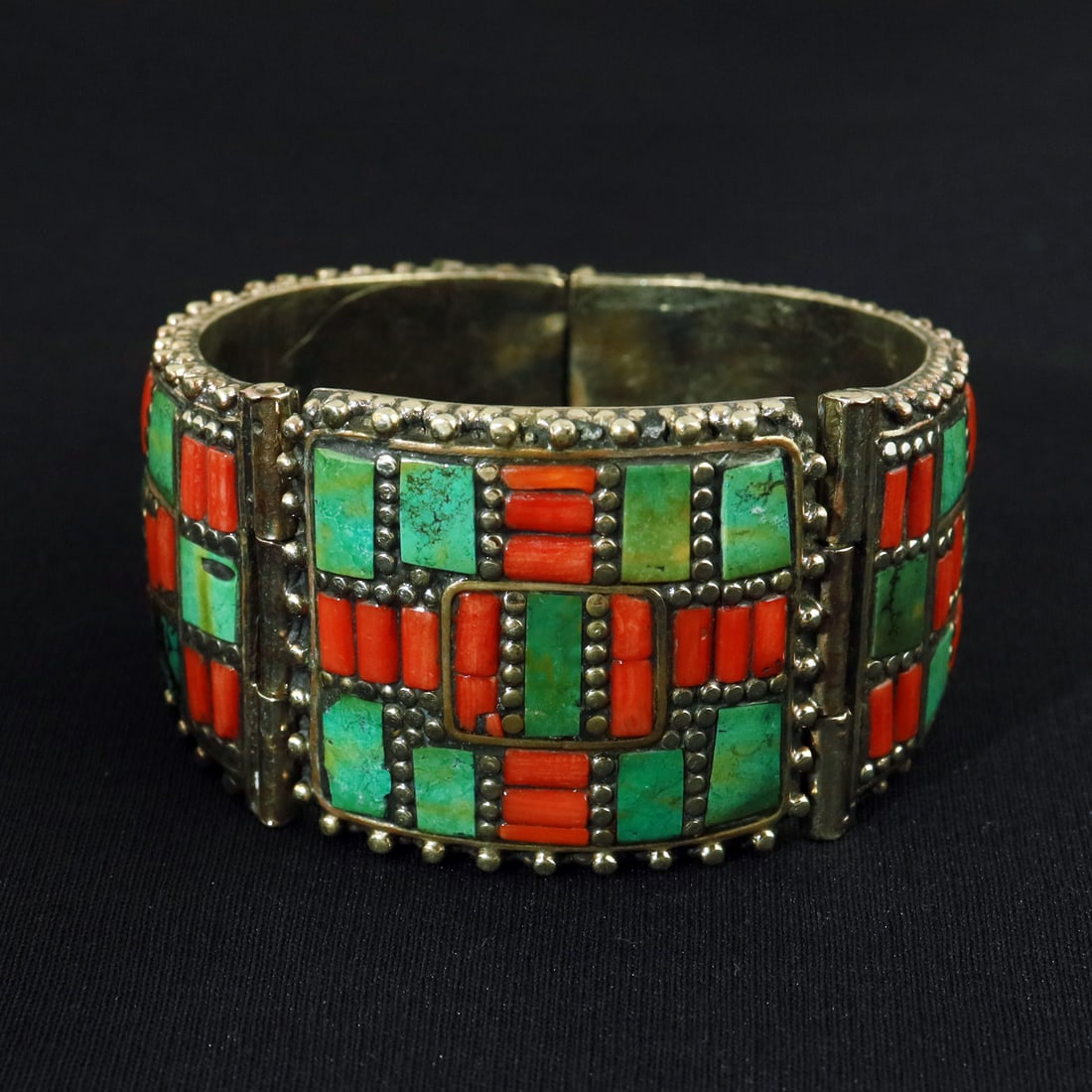 Tibetan Turquoise & Coral Handmade Ethnic Vintage Cuff Bangle: Product ID: 260721191211 Product - Tibetan Handmade Ethnic Cuff Bangle Bangle Size - 6.5X7 CM Bangle Weight - 100 Gram ( Approx) Gemstone - Turquoise & Coral Metal - Brass & Copper mix Metal Origin - 
