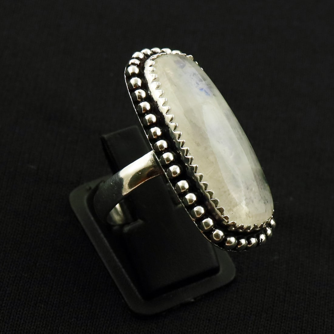 Natural Rainbow Moonstone 2 Micron Sterling Silver Plated Handmade Ring - 9MM: Product ID: 260721150826 Product - Handmade Silver Plated Ring Metal - 92.5 2 Micron Sterling Silver Plated Ring Size - 9MM Gemstone - Rainbow Moonstone Gemstone Origin - India Gemstone Size - 3X1.5 C