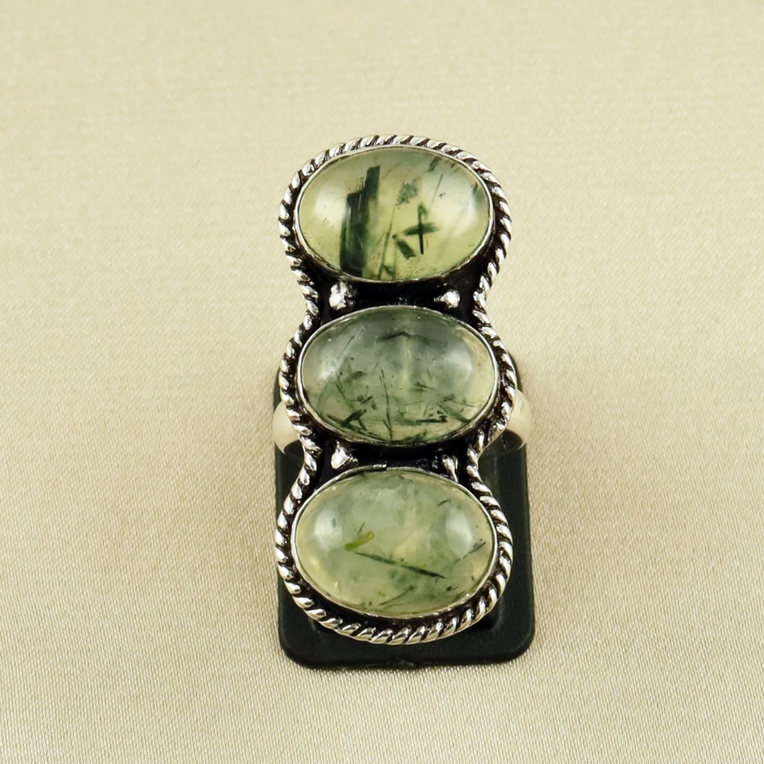 Natural Prehnite Sterling Silver Plated Handmade Ring - 6MM: Product ID: 260609124413 Product - Handmade Silver Plated Ring Metal - 92.5 Sterling Silver Plated Ring Size - 6MM Gemstone - Prehnite Gemstone Origin - South Africa Gemstone Size - 10X14 MM ( 3 Stone