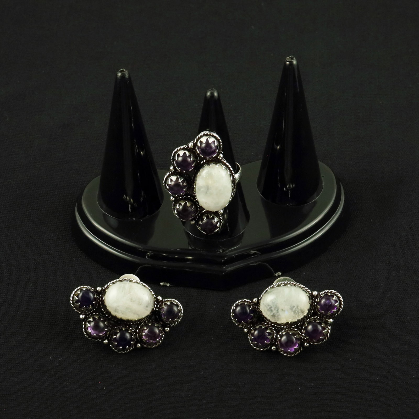 Natural Rainbow Moonstone & Amethyst Silver Plated Handmade Ring - 6.5MM With Stud Earring: Product ID: 260615124827 Product - Handmade Silver Plated Ring With Stud Earring Metal - 92.5 Sterling Silver Plated Earring Type - Stud Ring Size - 6.5MM Gemstone - Rainbow Moonstone & Amethyst Gemst