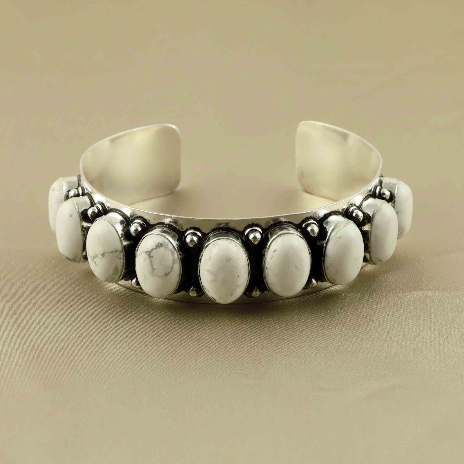 Natural Howlite Sterling Silver Plated Handmade Cuff Bangle: Product ID: 260607145032 Product - Handmade Silver Plated Cuff Bangle Metal - 92.5 Sterling Silver Plated Bangle Size - 6.5x5.5 CM (Adjustable) Gemstone - Howlite Gemstone Origin - Canada Gemstone Siz