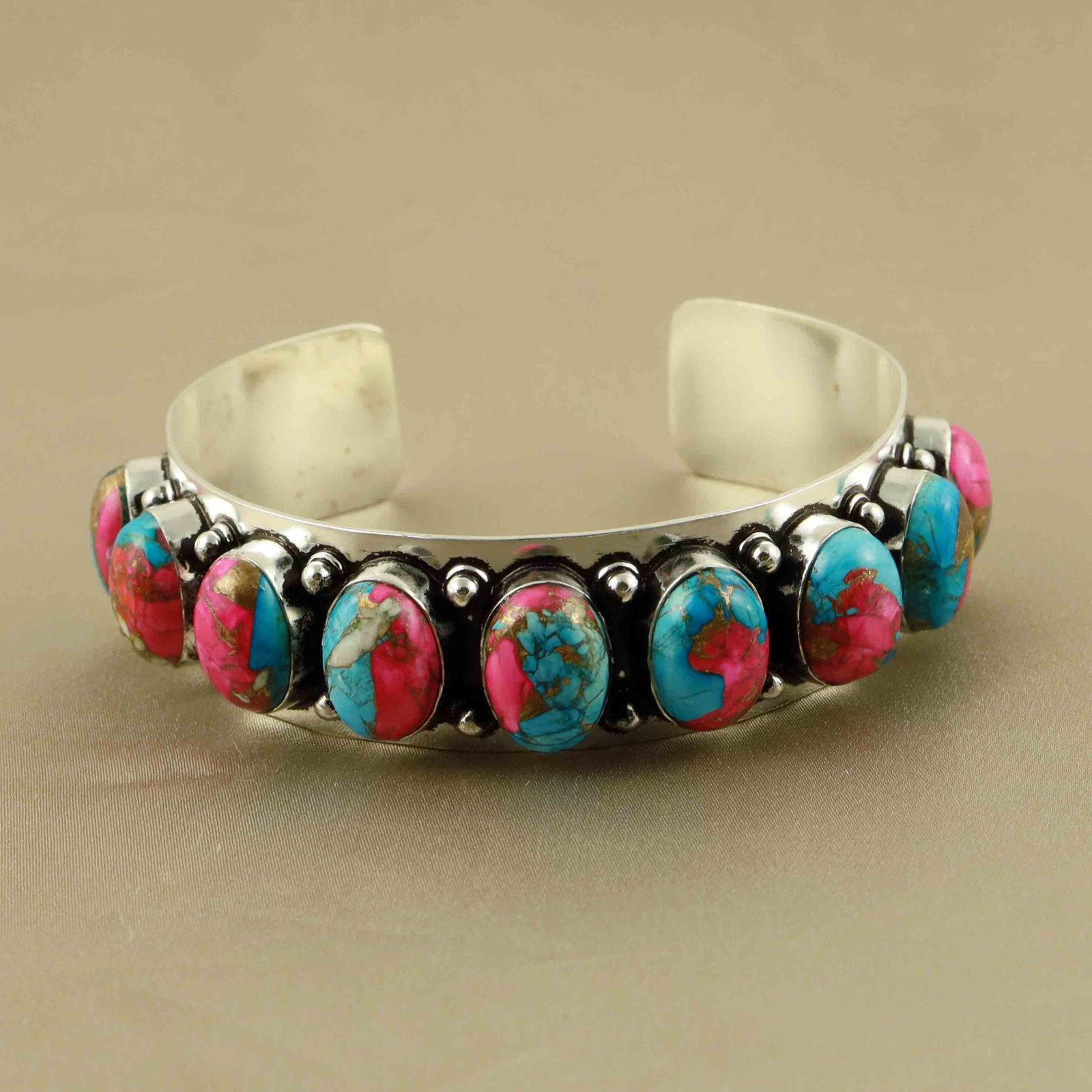Natural Cotton Candy Sterling Silver Plated Handmade Cuff Bangle: Product ID: 260607145342 Product - Handmade Silver Plated Cuff Bangle Metal - 92.5 Sterling Silver Plated Bangle Size - 6.5x5.5 CM (Adjustable) Gemstone - Cotton Candy Gemstone Origin - United States 
