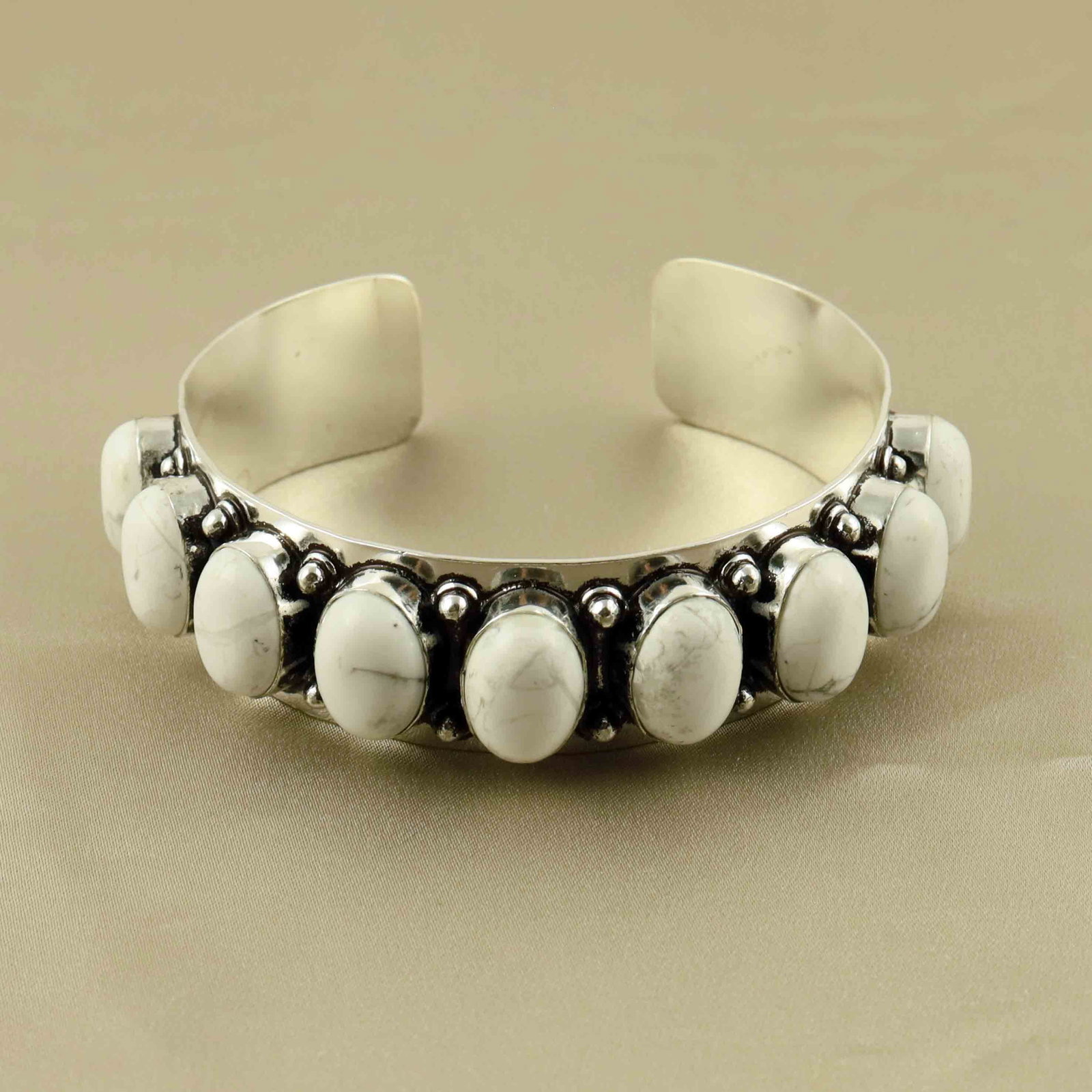 Natural 10X14MM Howlite Sterling Silver Plated Handmade Cuff Bangle (1 of 4)