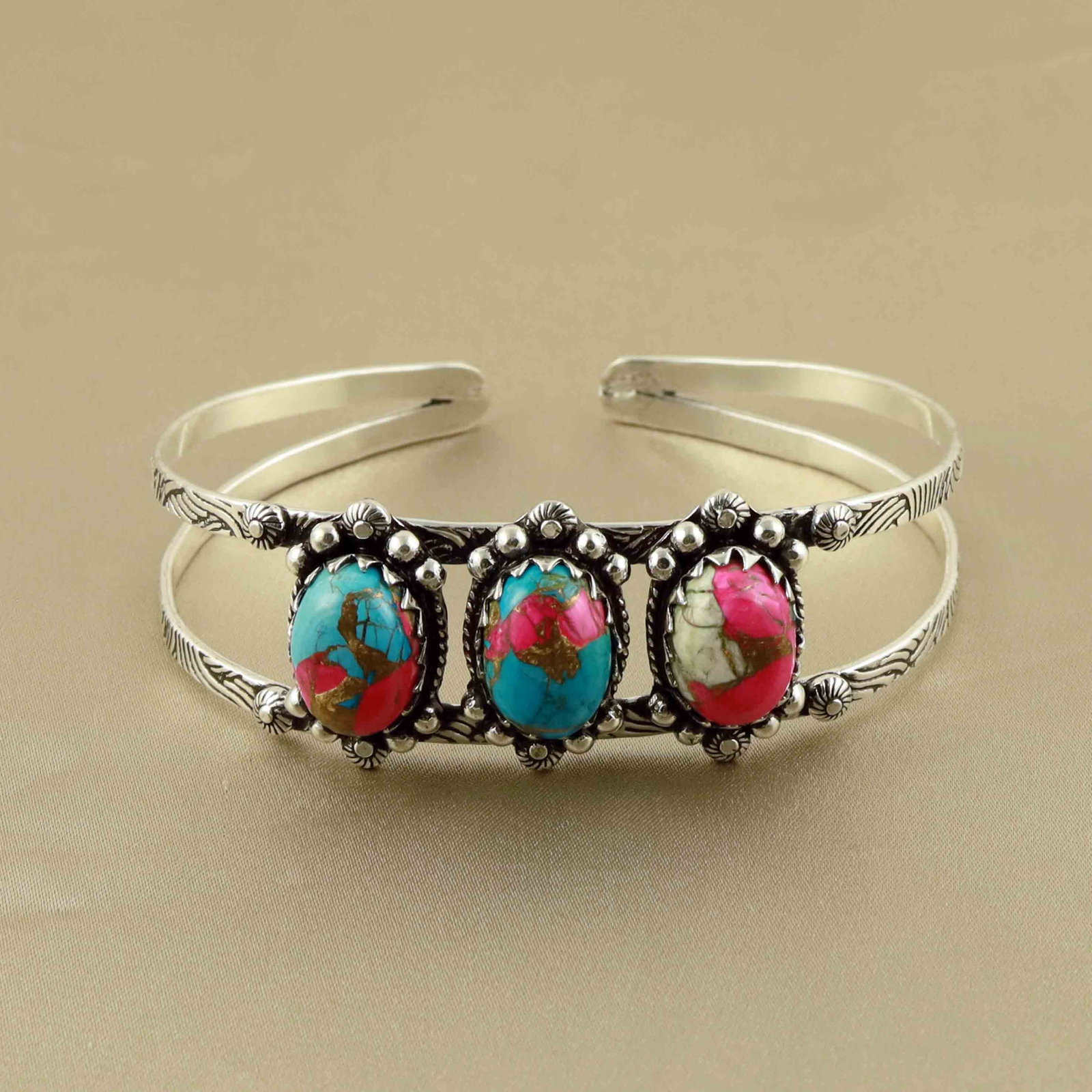 Natural Cotton Candy Sterling Silver Plated Handmade Cuff Bangle: Product ID: 260528183930 Product - Handmade Silver Plated Cuff Bangle Metal - 92.5 Sterling Silver Plated Bangle Size - 7x5 CM (Adjustable) Gemstone - Cotton Candy Gemstone Origin - United States Gems