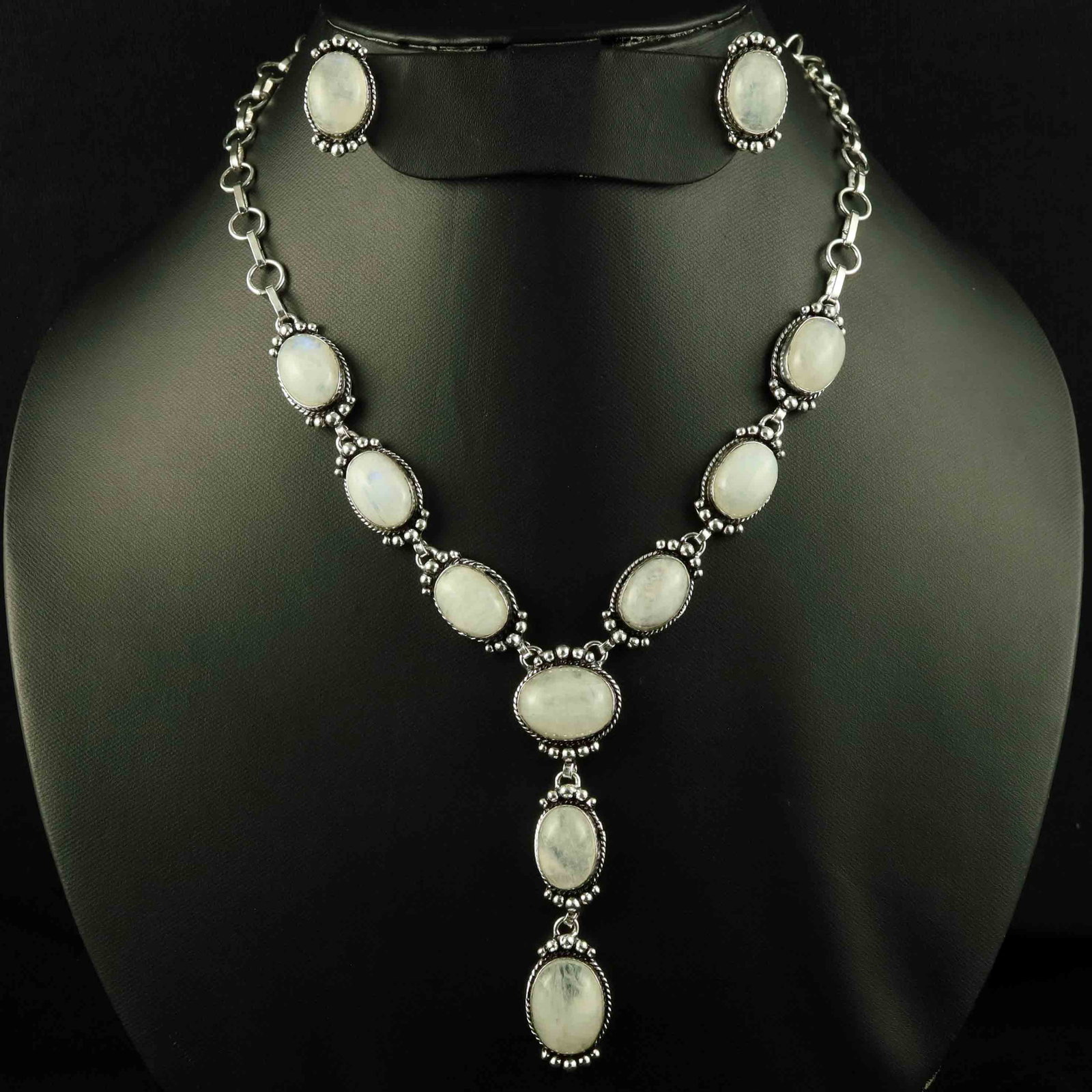 Natural Moonstone Sterling Silver Plated Handmade Necklace With Stud Earring: Product ID: 260523150805 Product - Handmade Silver Plated Necklace With Earring Metal - 92.5 Sterling Silver Plated Necklace Length - 18 Inch Gemstone - Rainbow Moonstone Gemstone Size - 12X16 MM ( 2 