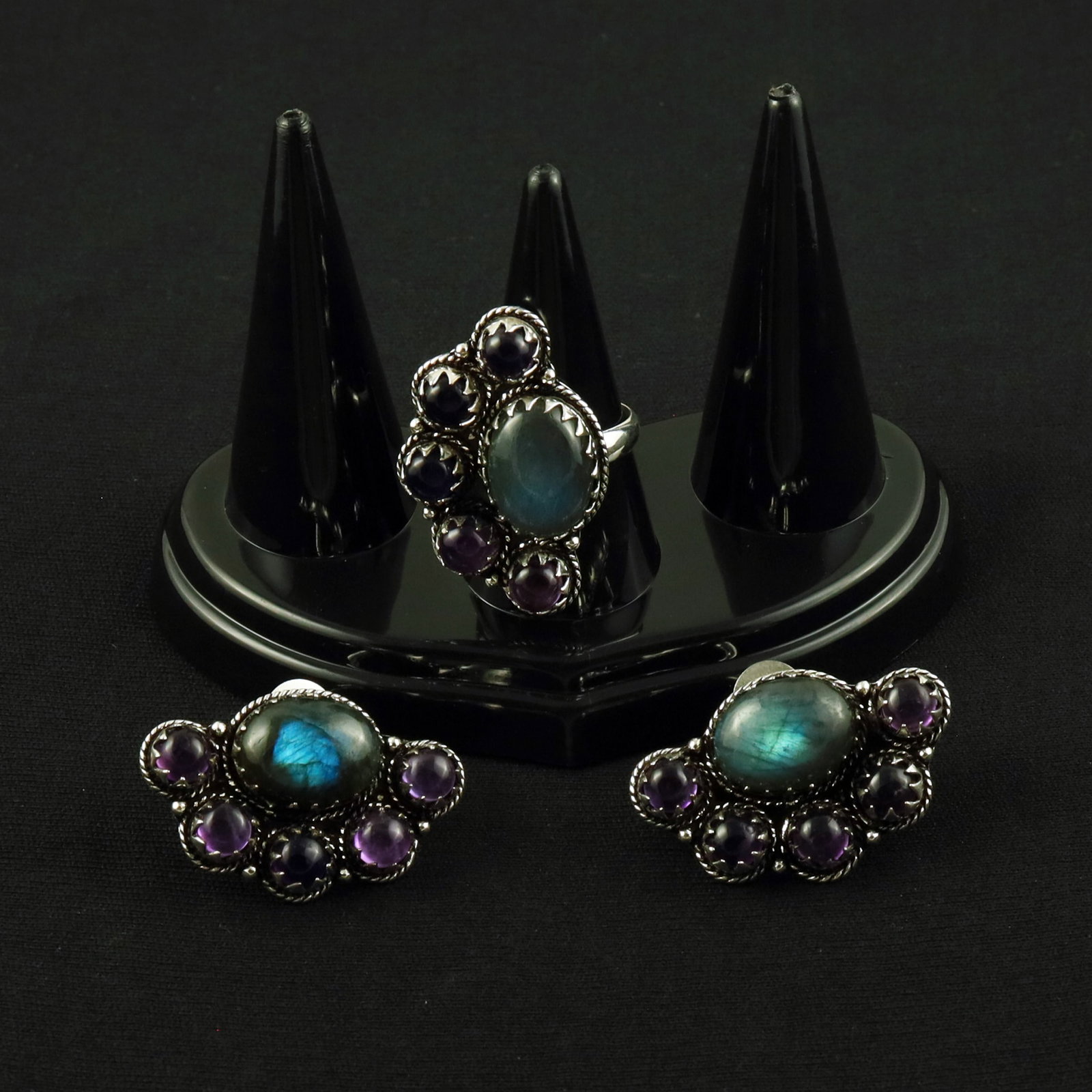 Natural Labradorite & Amethyst Silver Plated Handmade Ring - 10MM With Stud Earring: Product ID: 260615124621 Product - Handmade Silver Plated Ring With Stud Earring Metal - 92.5 Sterling Silver Plated Earring Type - Stud Ring Size - 10MM Gemstone - Labradorite & Amethyst Gemstone Ori