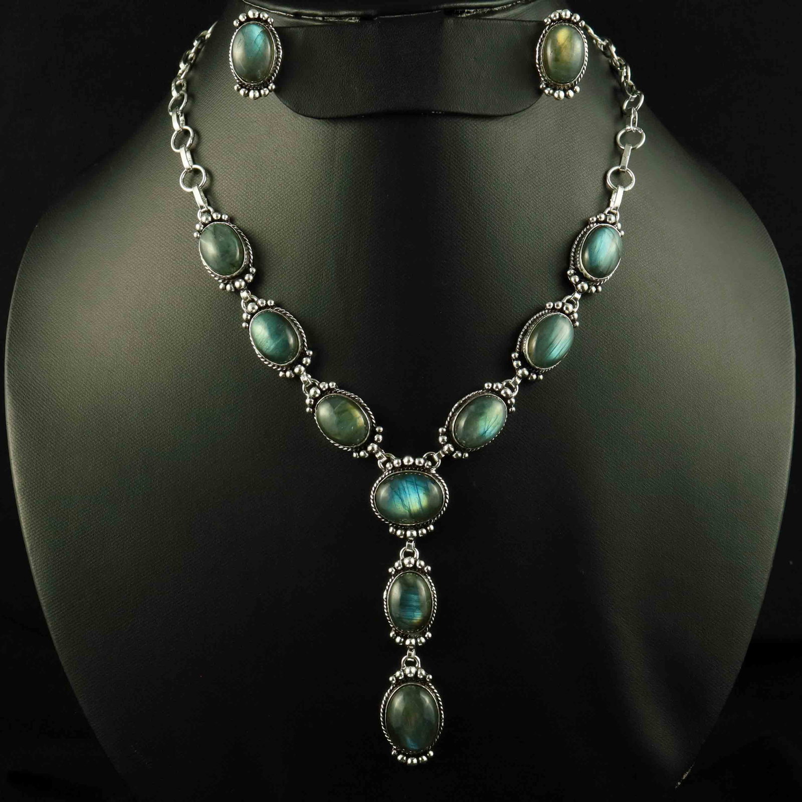 Natural Labradorite Sterling Silver Plated Handmade Necklace With Stud Earring: Product ID: 260523151002 Product - Handmade Silver Plated Necklace With Earring Metal - 92.5 Sterling Silver Plated Necklace Length - 18 Inch Gemstone - Labradorite Gemstone Size - 12X16 MM ( 2 Stone)