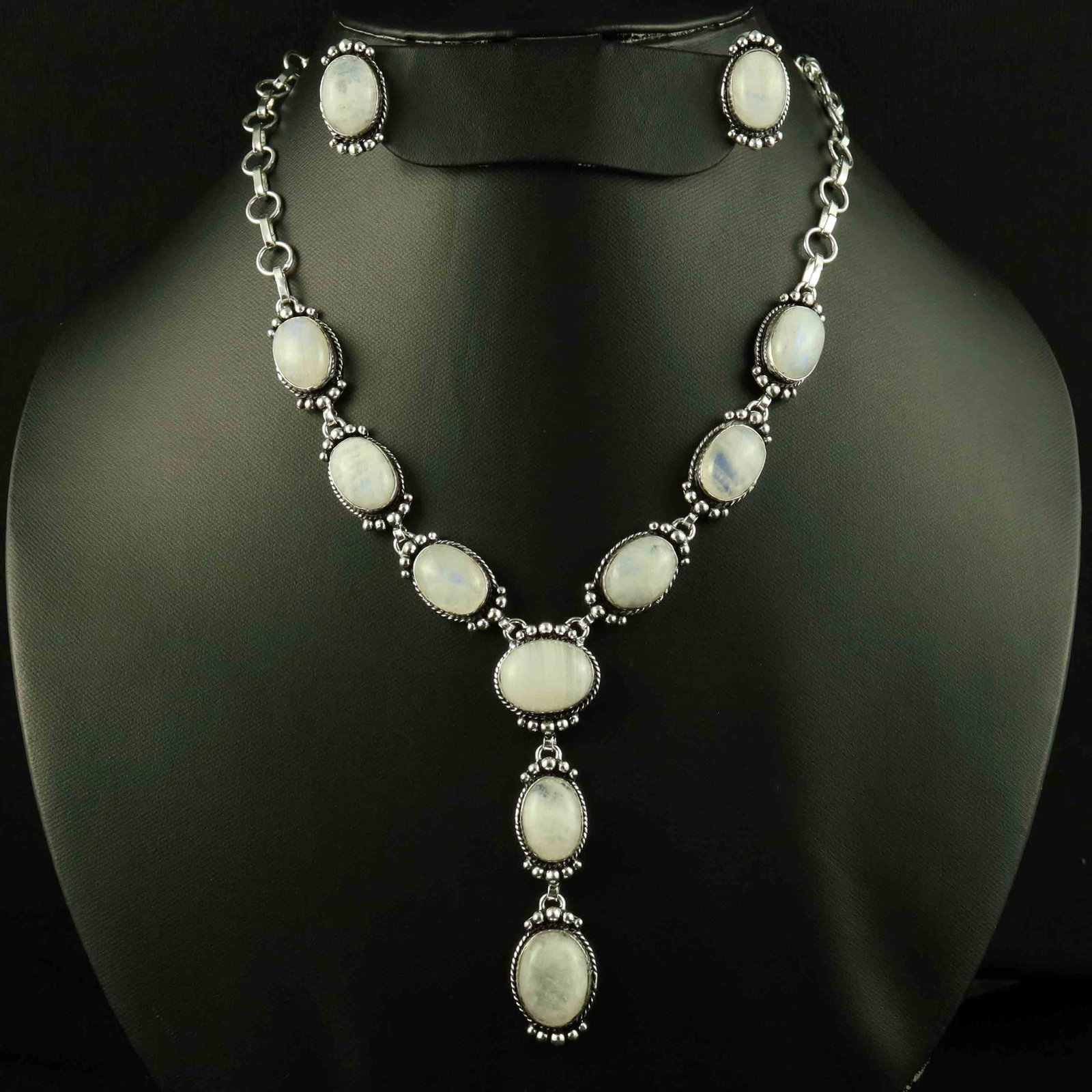 Natural Rainbow Moonstone Silver Plated Handmade Necklace With Stud Earring: Product ID: 260523150737 Product - Handmade Silver Plated Necklace With Earring Metal - 92.5 Sterling Silver Plated Necklace Length - 18 Inch Gemstone - Rainbow Moonstone Gemstone Size - 12X16 MM ( 2 