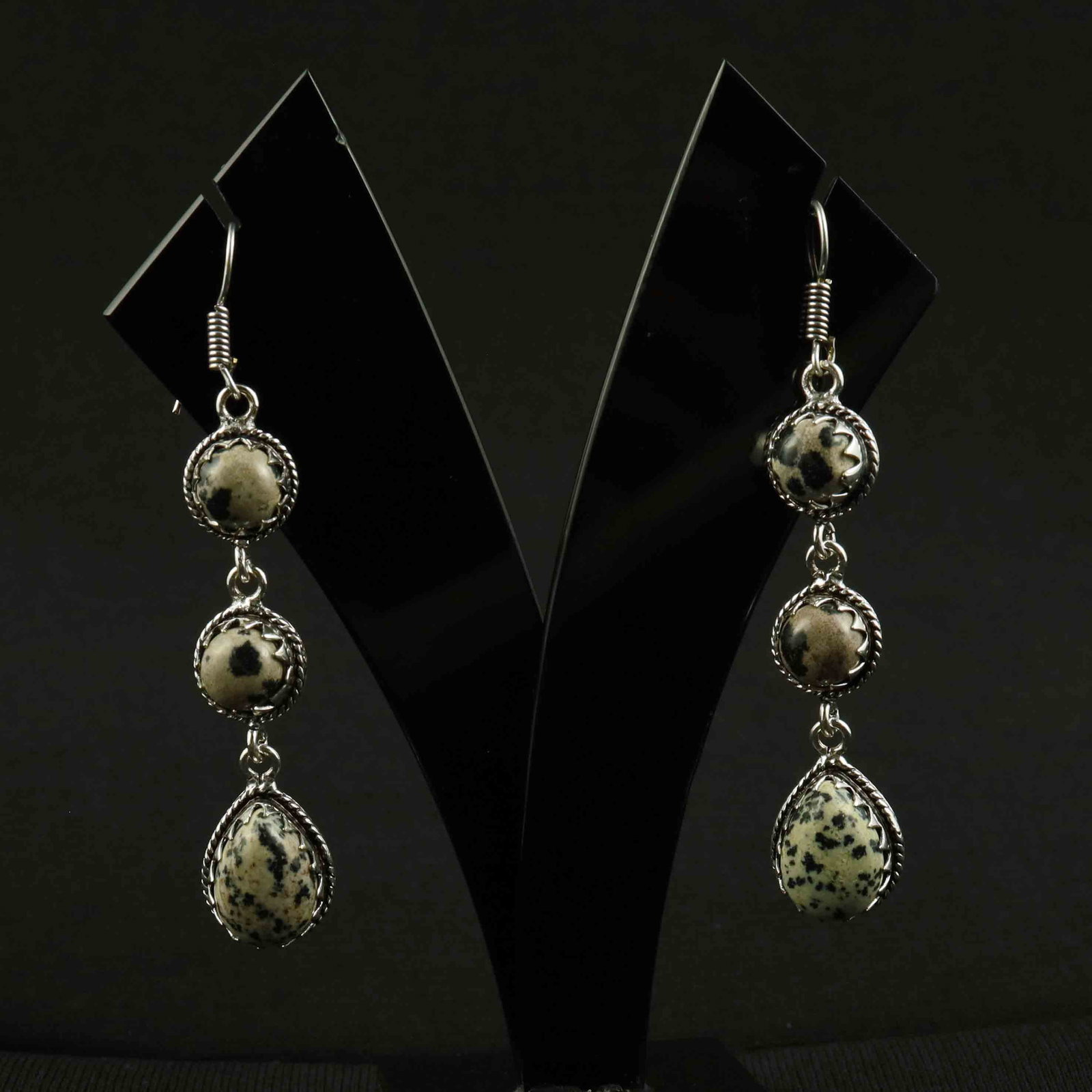 Natural Dalmatian Jasper Sterling Silver Plated Handmade Stud Earring: Product ID: 260522163225 Product - Handmade Silver Plated Stud Earring Metal - 92.5 Sterling Silver Plated Earring Type - Stud Gemstone - Dalmatian Jasper Gemstone Origin - Mexico Gemstone Size - 10X1