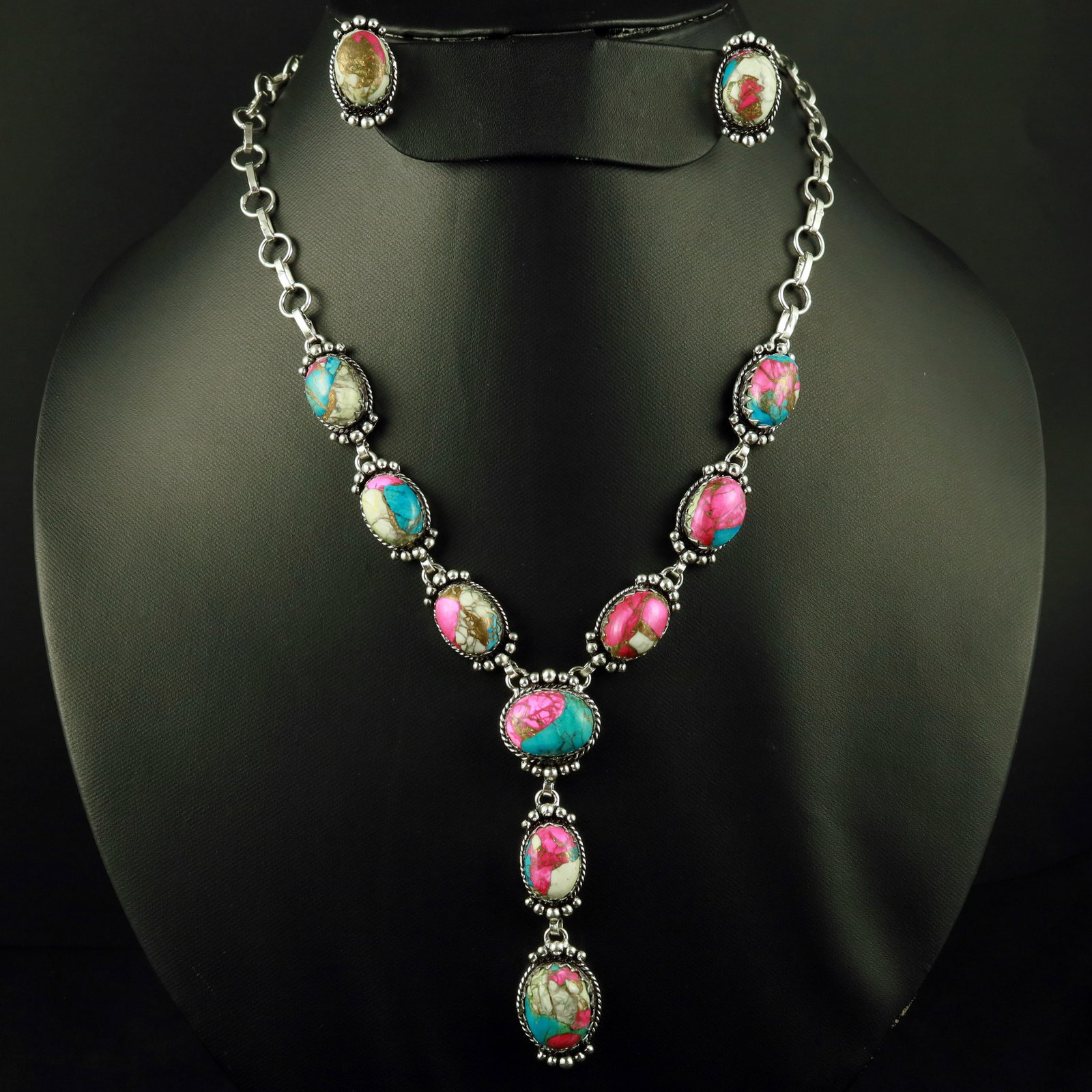 Natural Cotton Candy Silver Plated Handmade Necklace With Stud Earring: Product ID: 260521165627 Product - Handmade Silver Plated Necklace With Earring Metal - 92.5 Sterling Silver Plated Necklace Length - 18 Inch Gemstone - Cotton Candy Gemstone Size - 12X16 MM ( 2 Stone