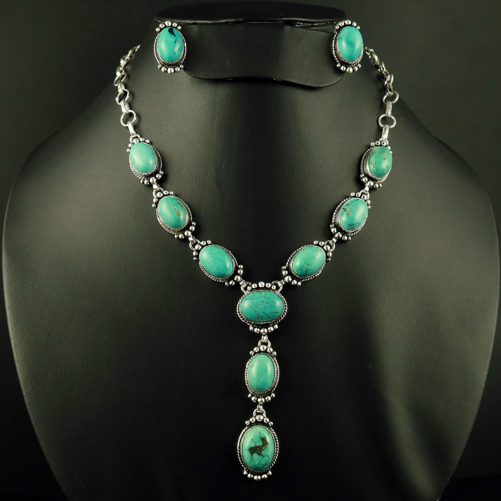 Natural Turquoise Sterling Silver Plated Handmade Necklace With Stud Earring: Product ID: 260521163017 Product - Handmade Silver Plated Necklace With Earring Metal - 92.5 Sterling Silver Plated Necklace Length - 18 Inch Gemstone - Turquoise Gemstone Size - 12X16 MM ( 2 Stone), 
